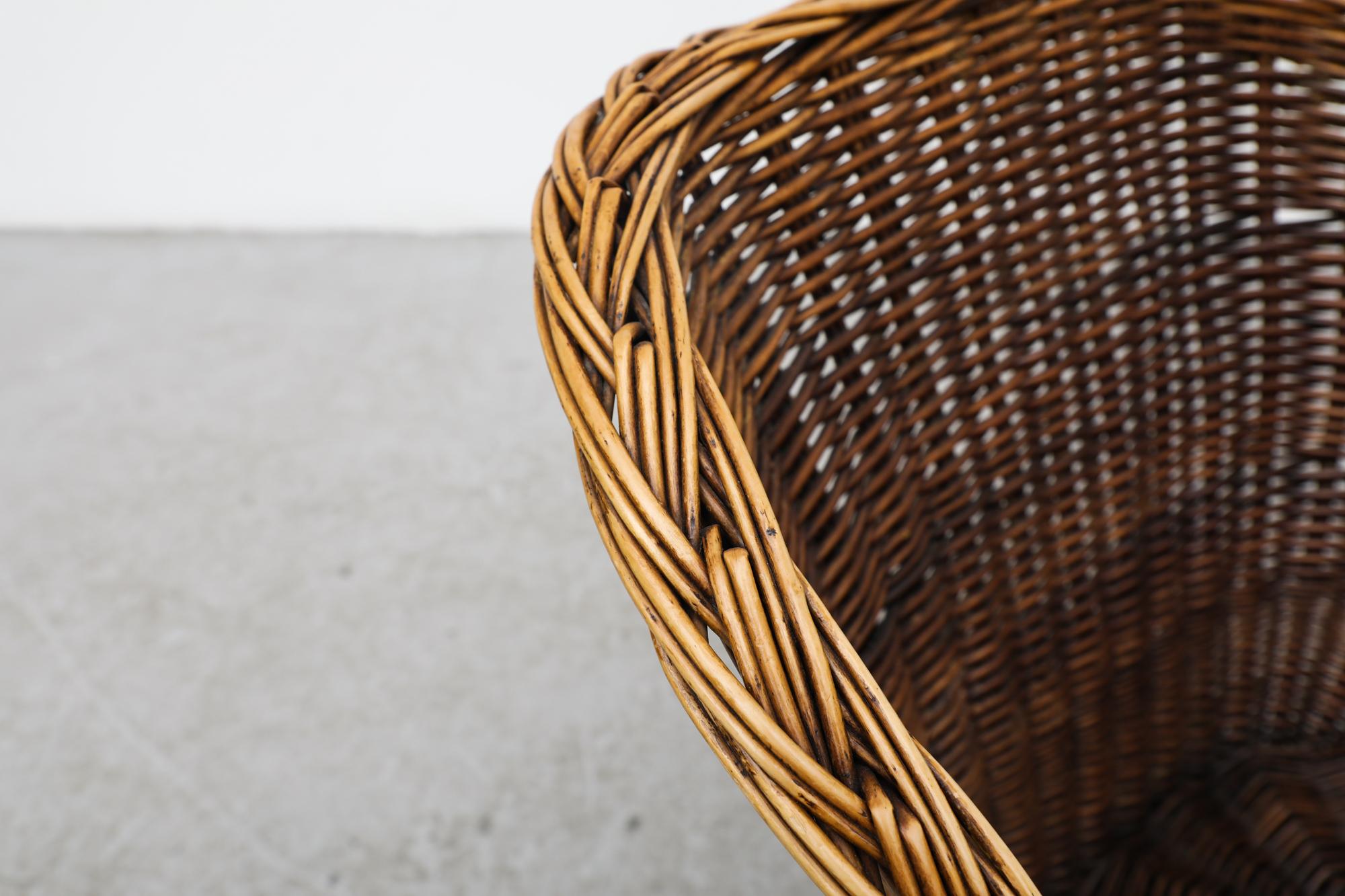 1970s Rattan Bucket Chair w/ Canvas Cushion, Square Shaped Body & Pedestal Base  For Sale 9