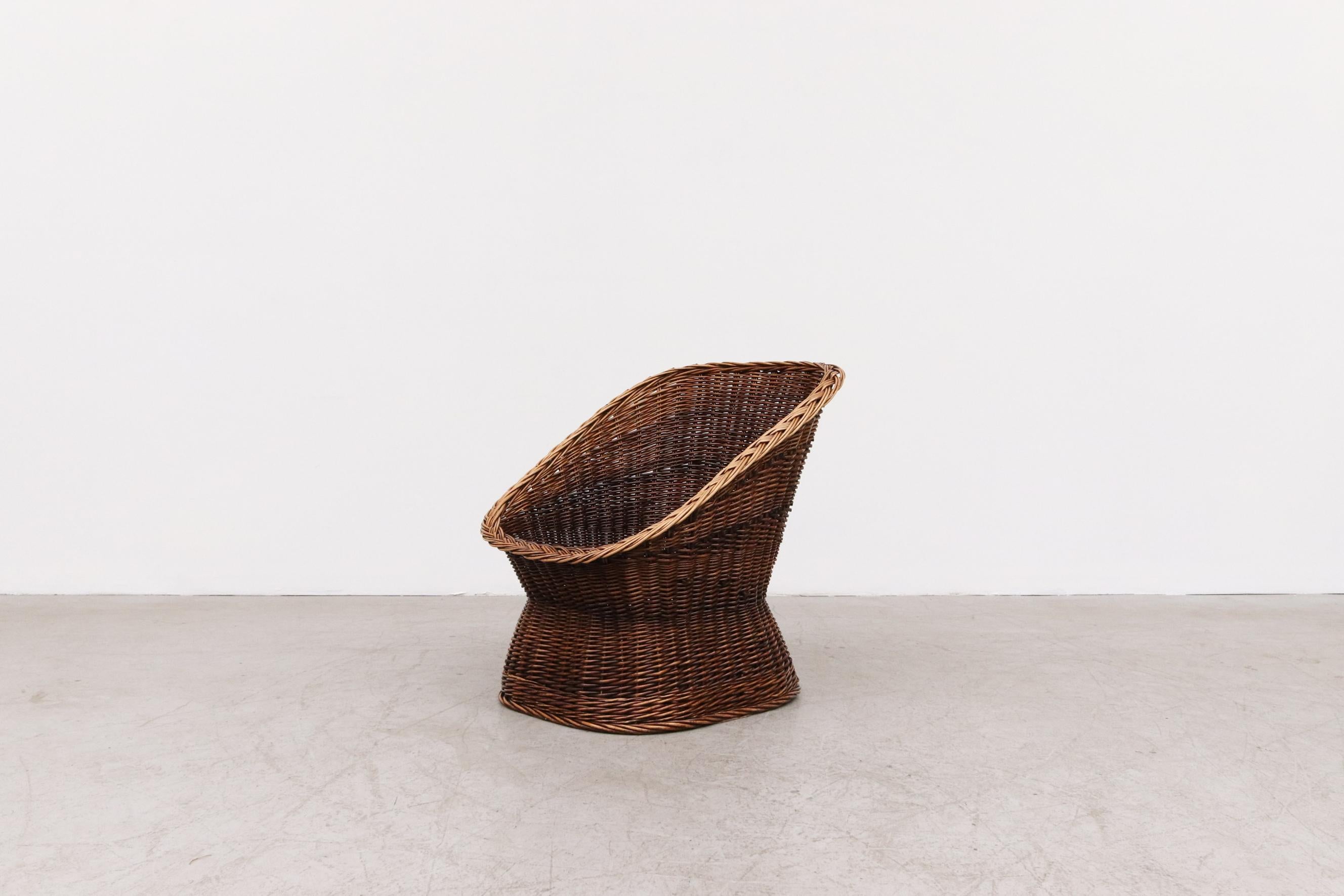 1970s Rattan Bucket Chair w/ Canvas Cushion, Square Shaped Body & Pedestal Base  For Sale 11