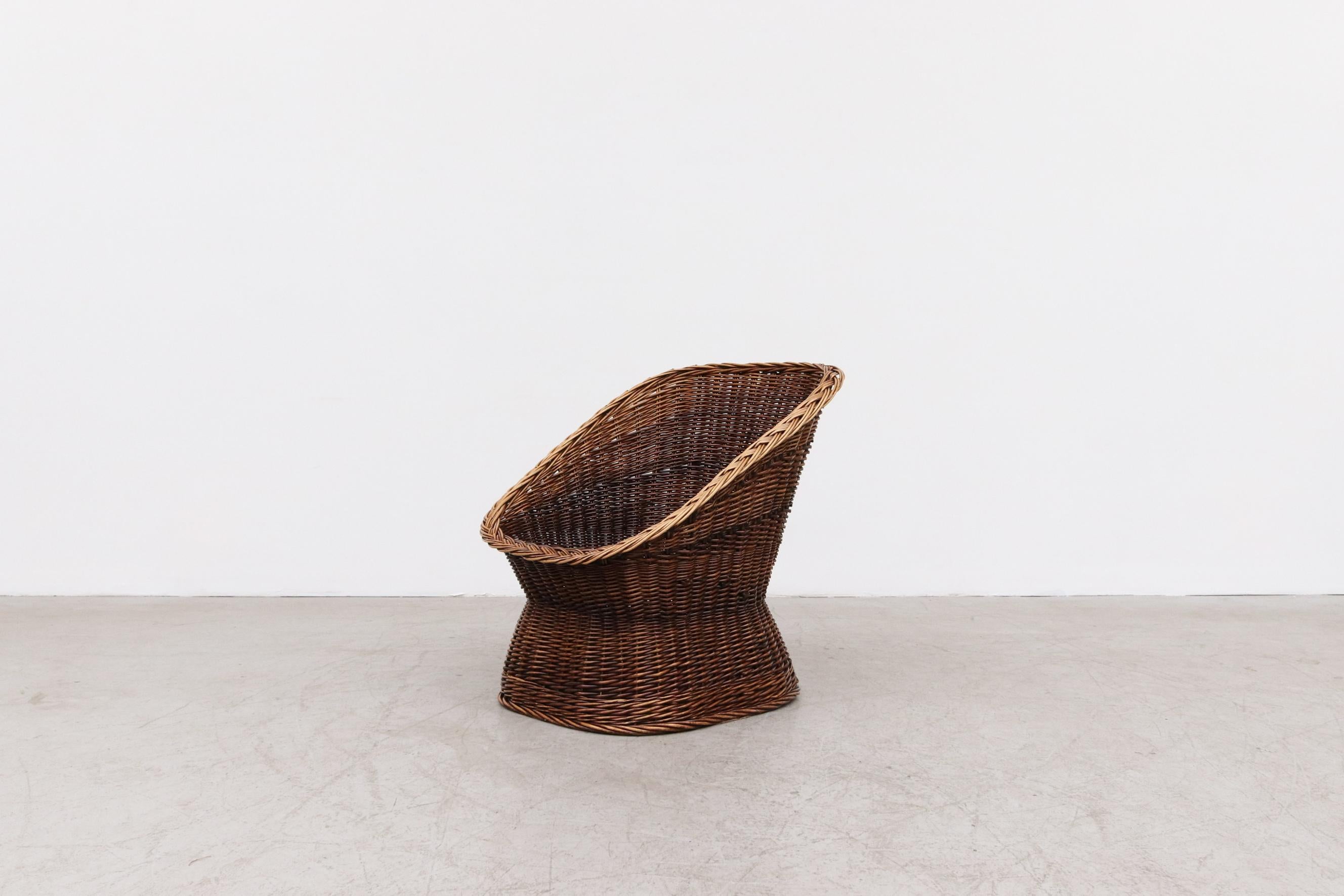 Dutch 1970s Rattan Bucket Chair w/ Canvas Cushion, Square Shaped Body & Pedestal Base  For Sale