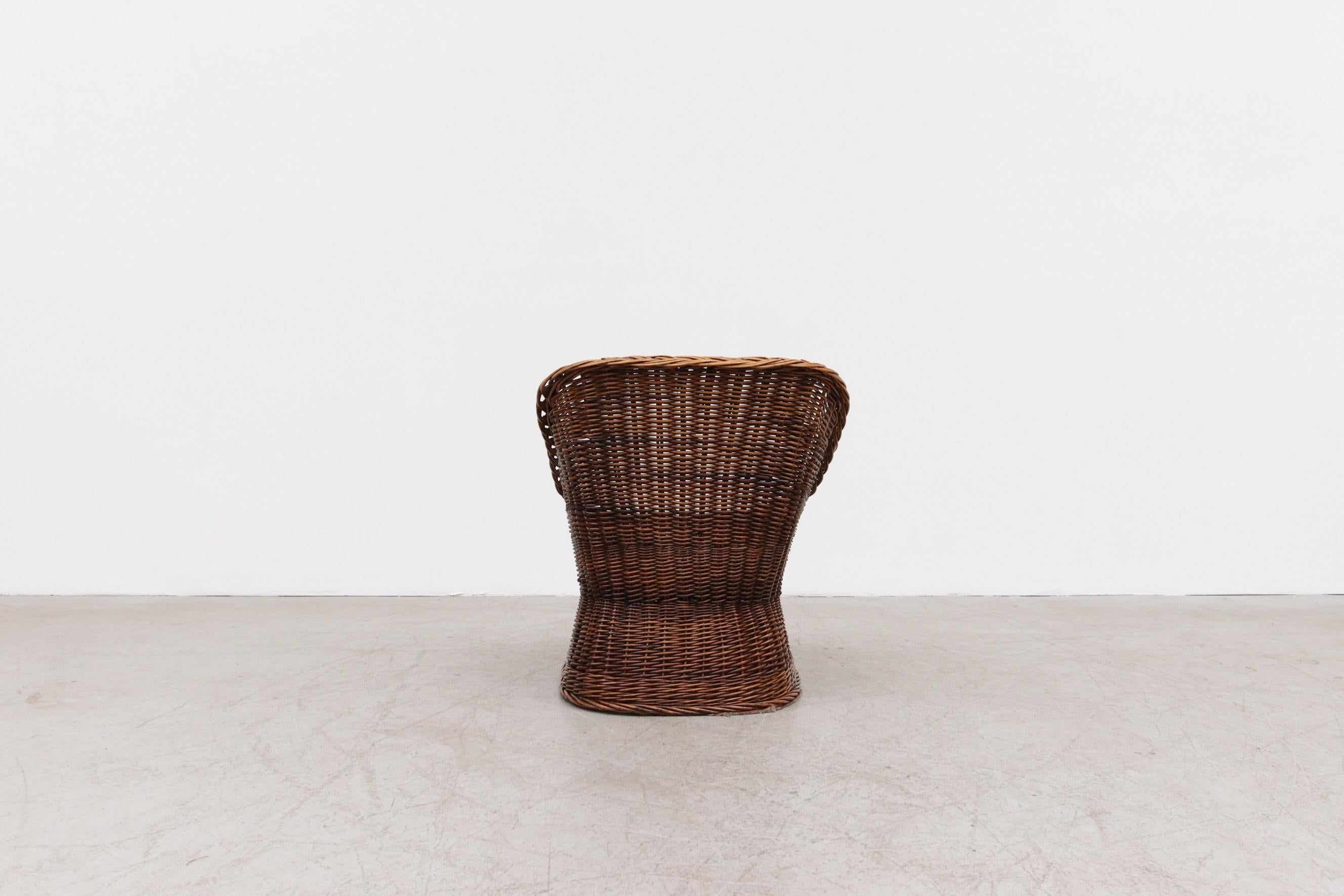 Late 20th Century 1970s Rattan Bucket Chair w/ Canvas Cushion, Square Shaped Body & Pedestal Base  For Sale