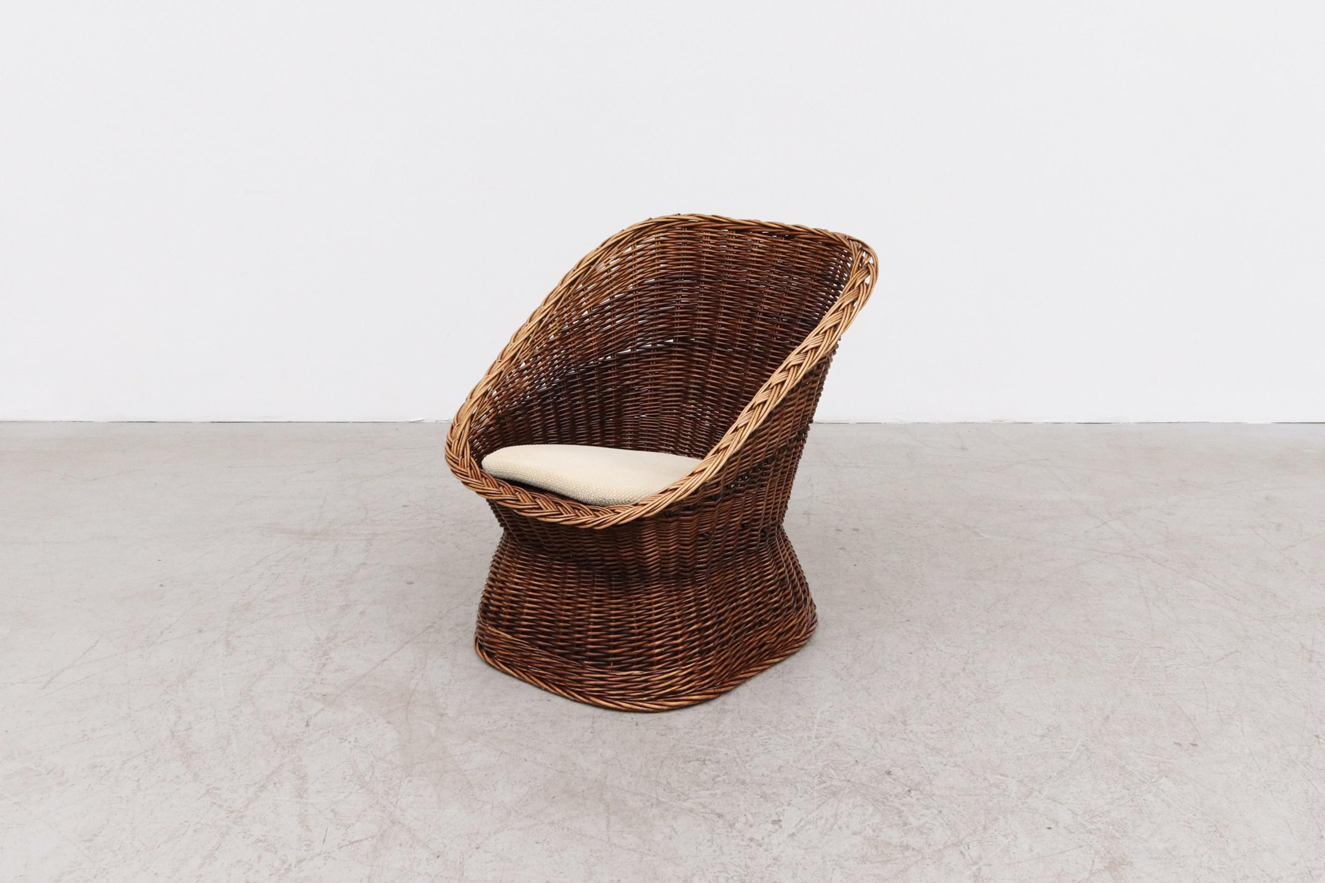 1970s Rattan Bucket Chair w/ Canvas Cushion, Square Shaped Body & Pedestal Base  For Sale 1