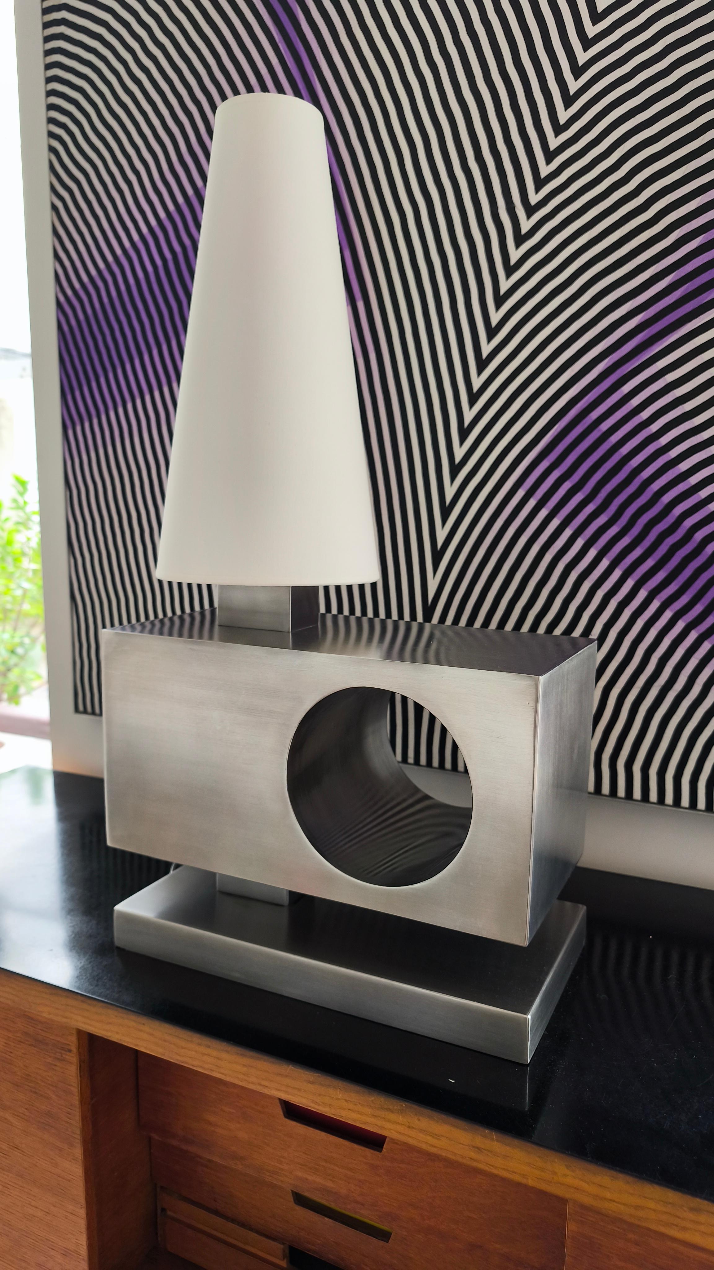 70s rectangular stainless steel lamp, France might be attributed to Michel Boyer For Sale 5