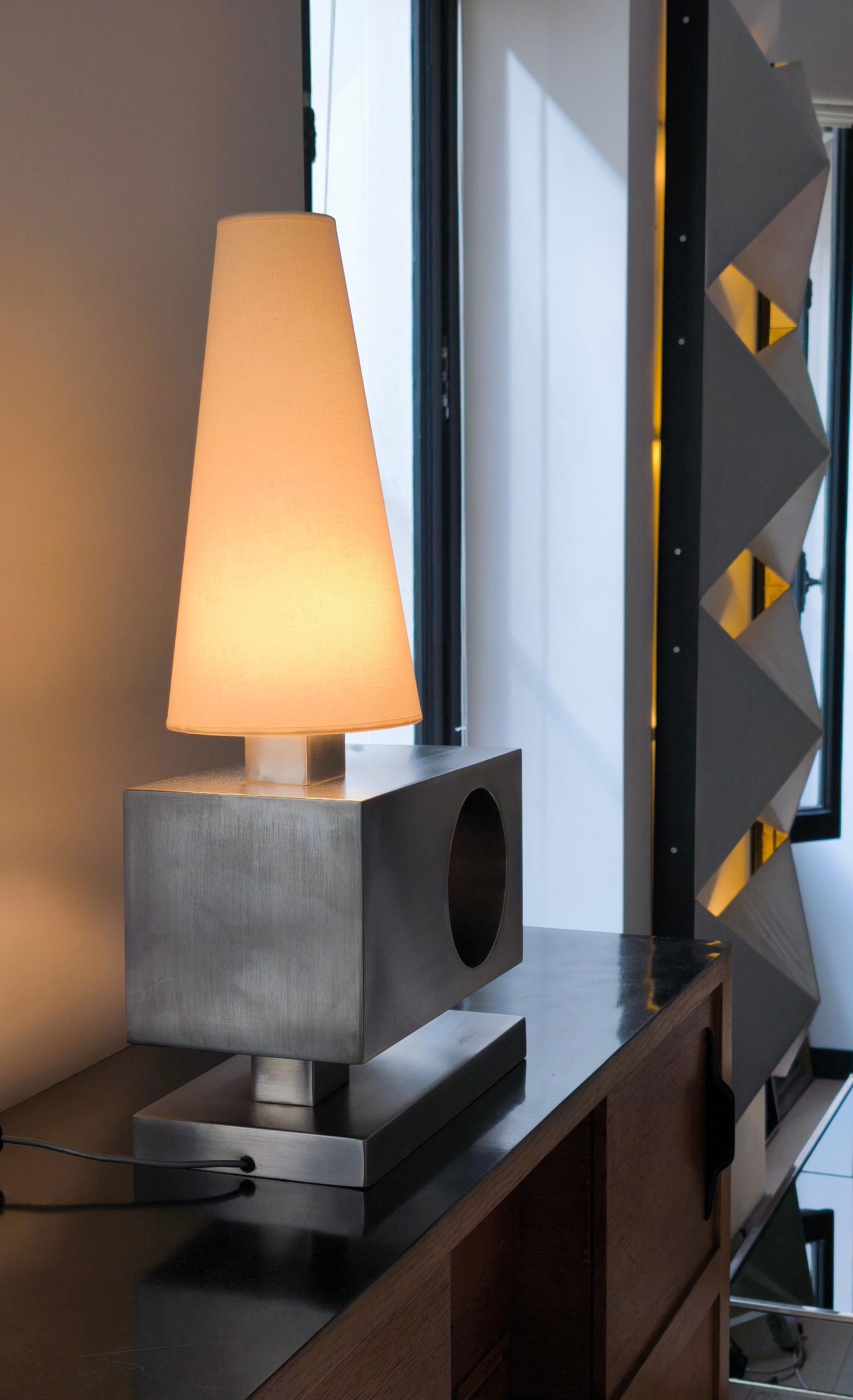 70s rectangular stainless steel lamp, France might be attributed to Michel Boyer For Sale 1