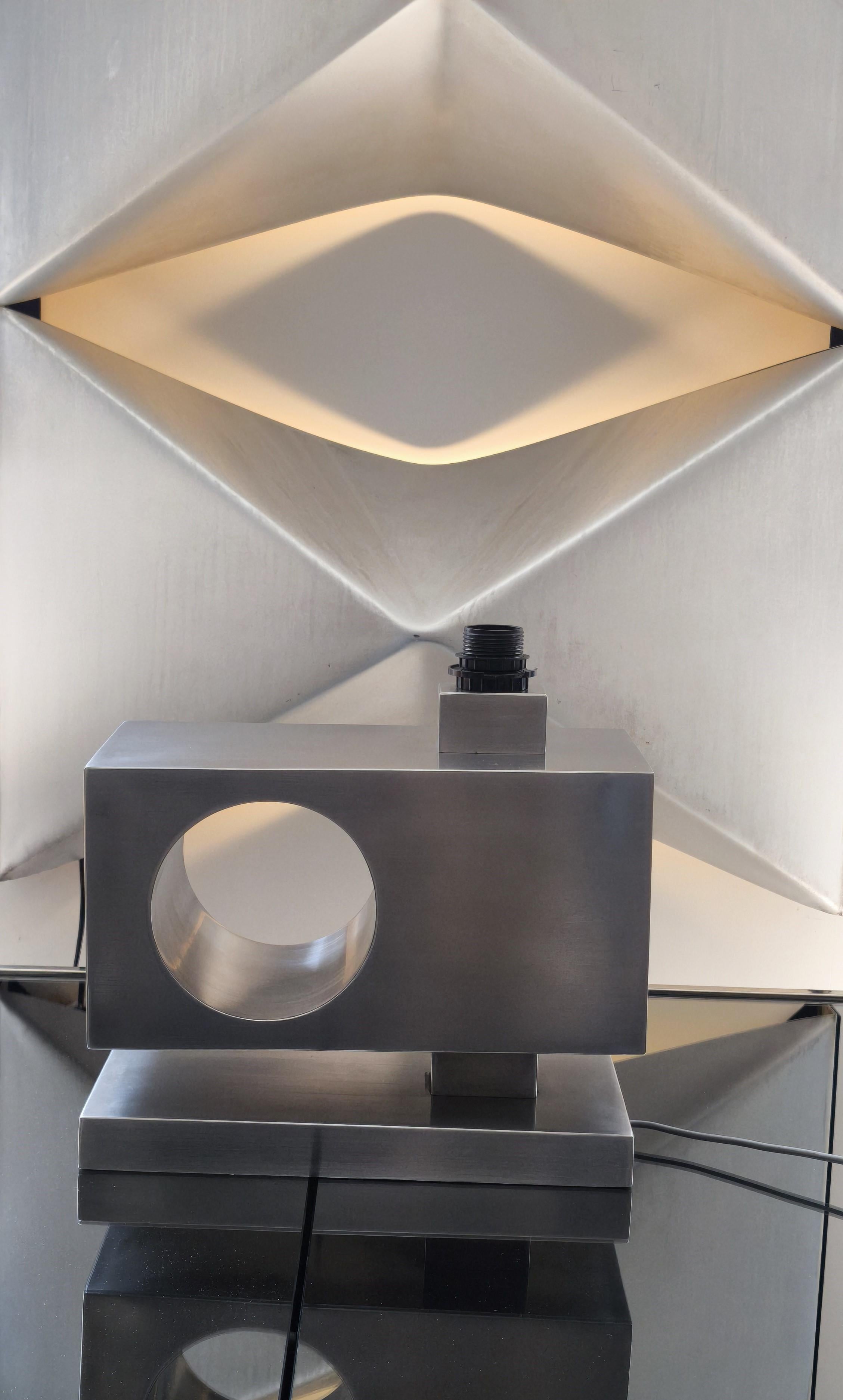 70s rectangular stainless steel lamp, France might be attributed to Michel Boyer For Sale 2