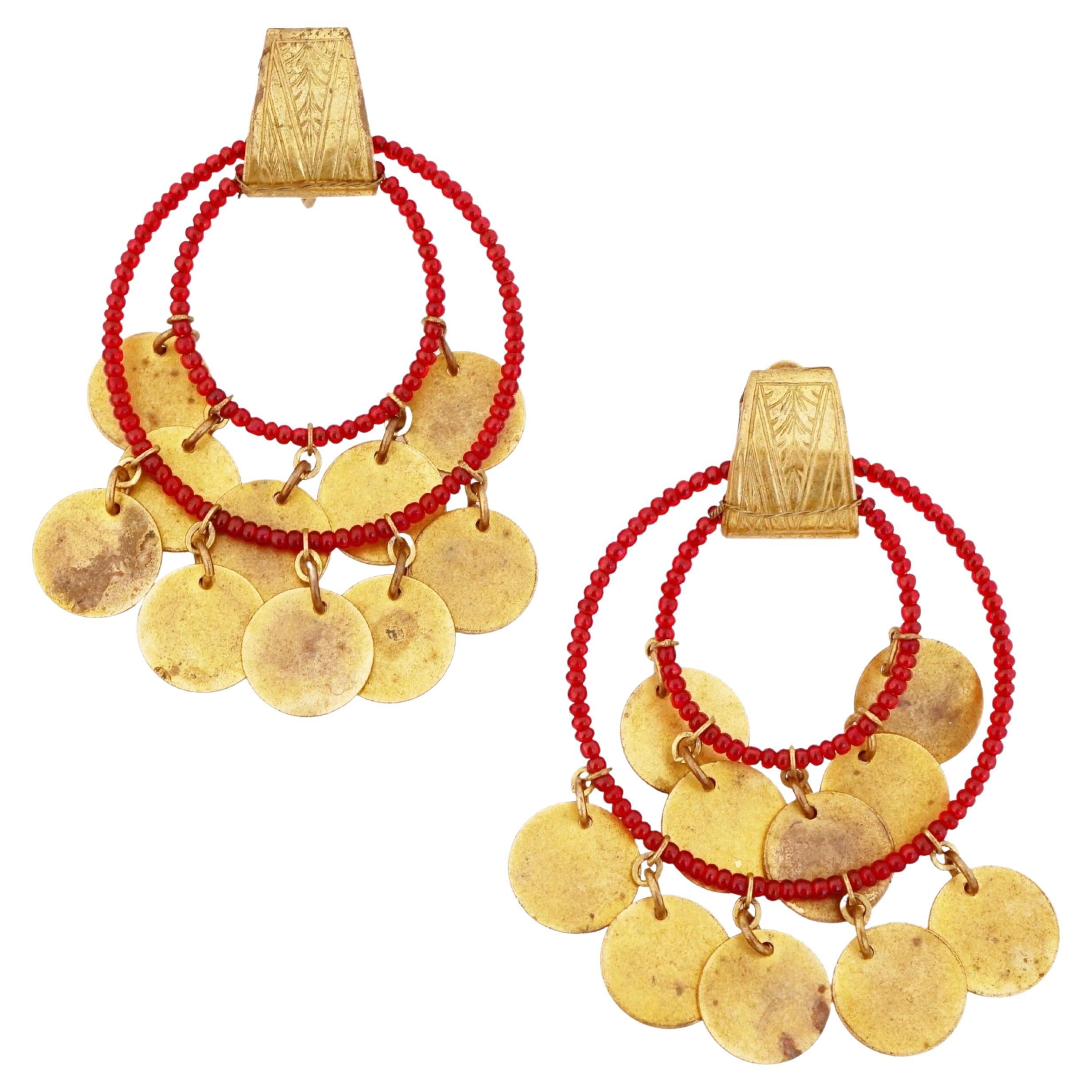 '70s Red Beaded Drop Hoop Statement Earrings With Brass Discs By Miriam Haskell For Sale