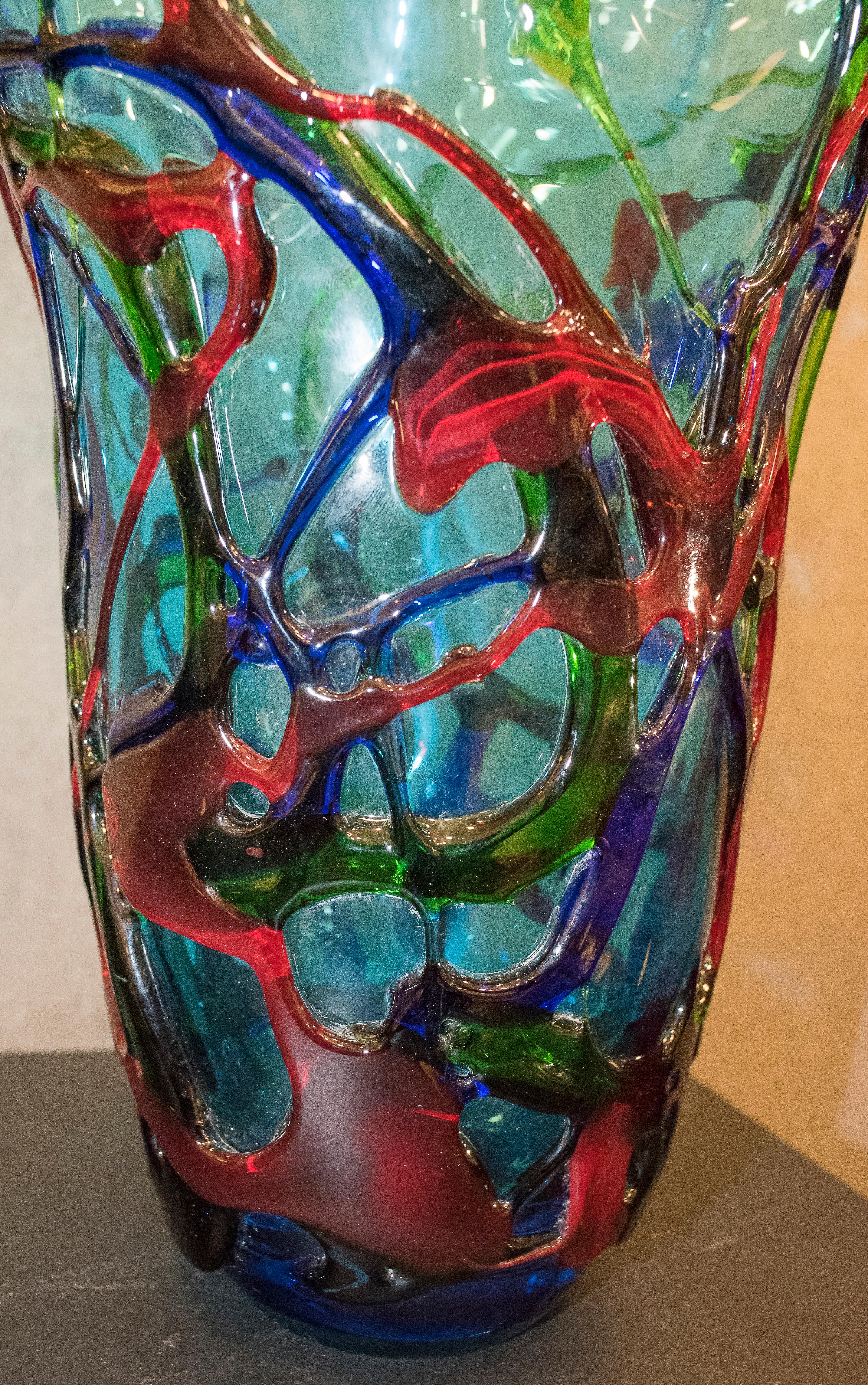 70s Crystal Vase Red, Blue, Green Blowing Murano, Italy Crystal 2