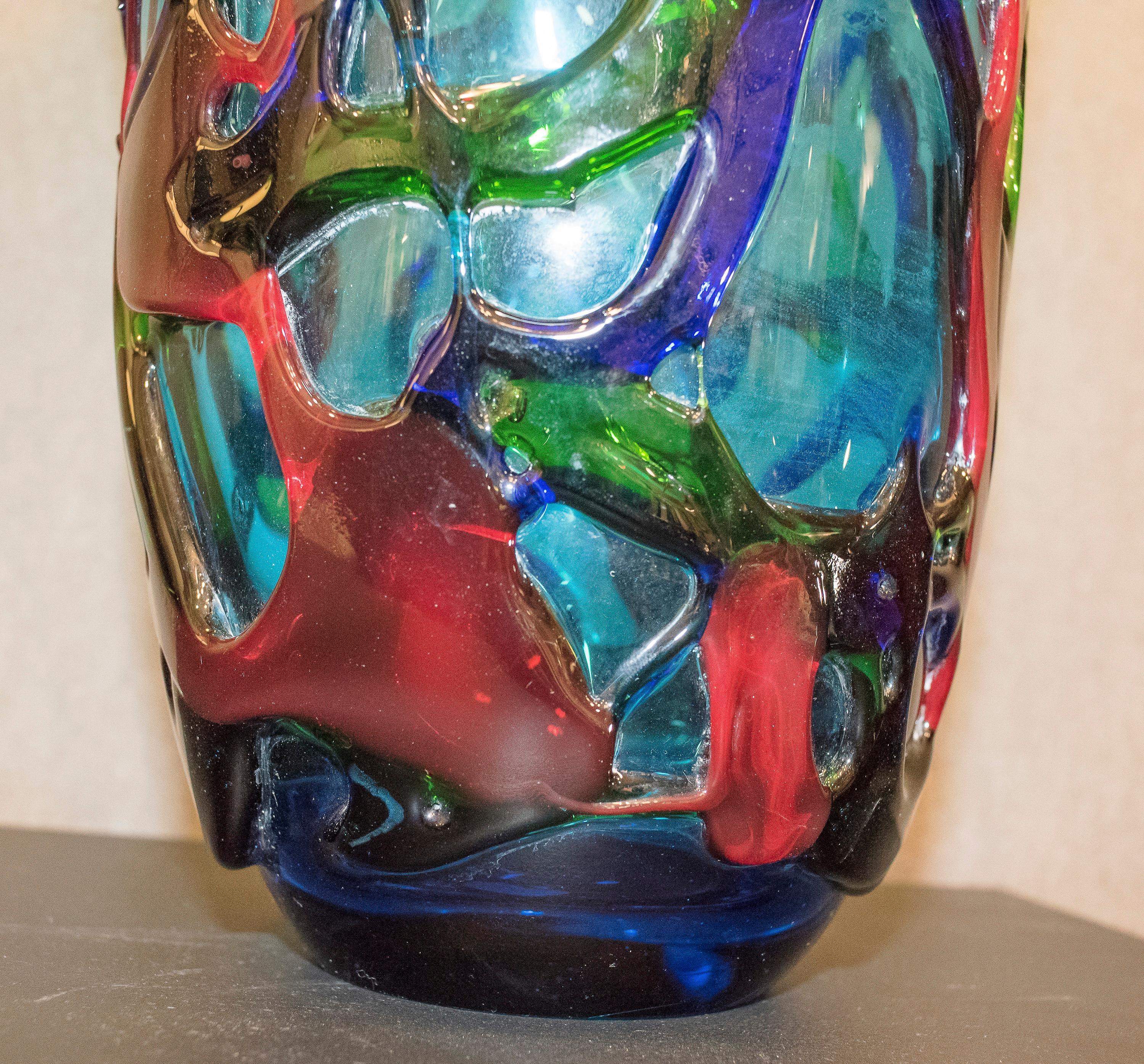 70s Crystal Vase Red, Blue, Green Blowing Murano, Italy Crystal 3