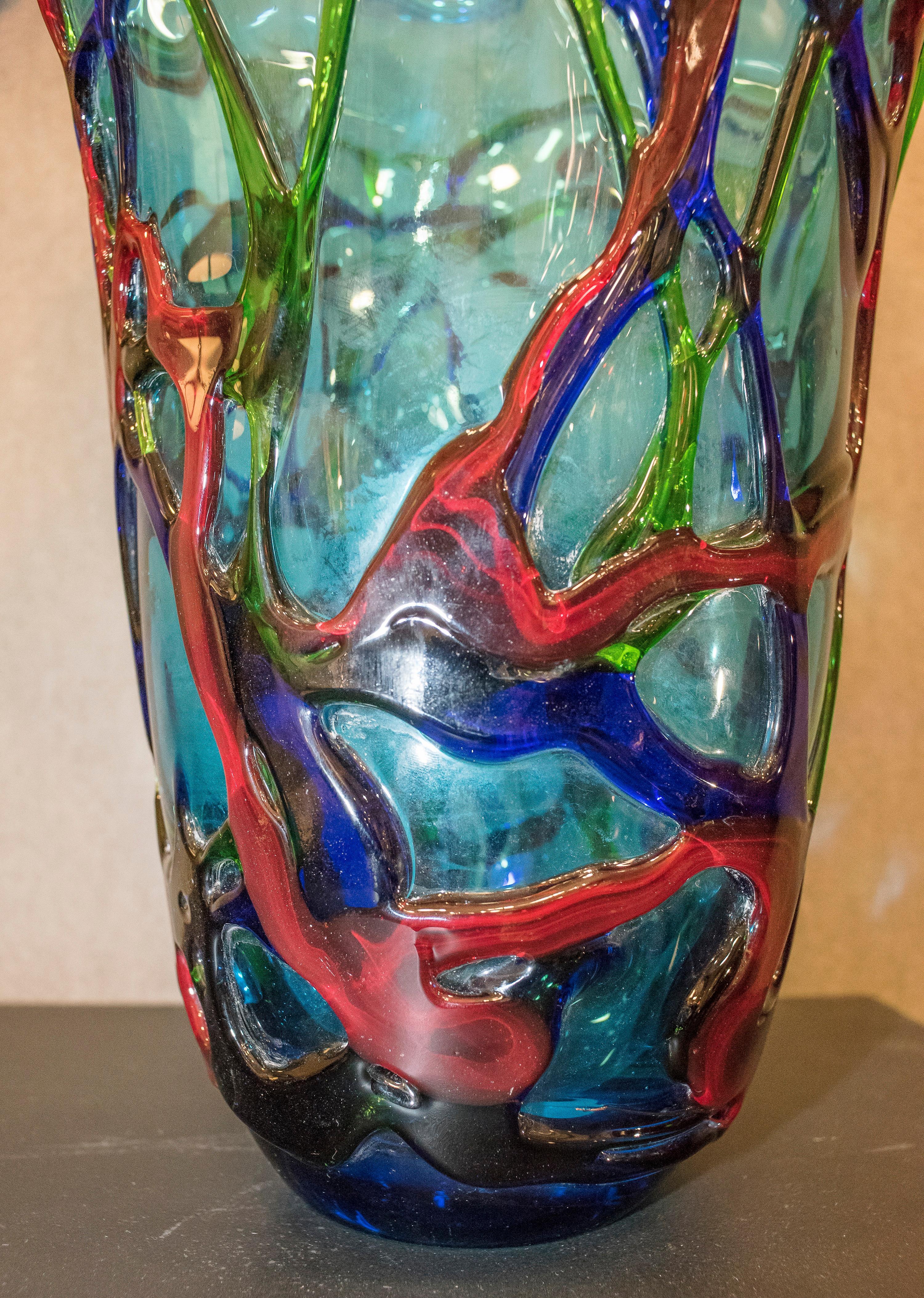 70s Crystal Vase Red, Blue, Green Blowing Murano, Italy Crystal 4
