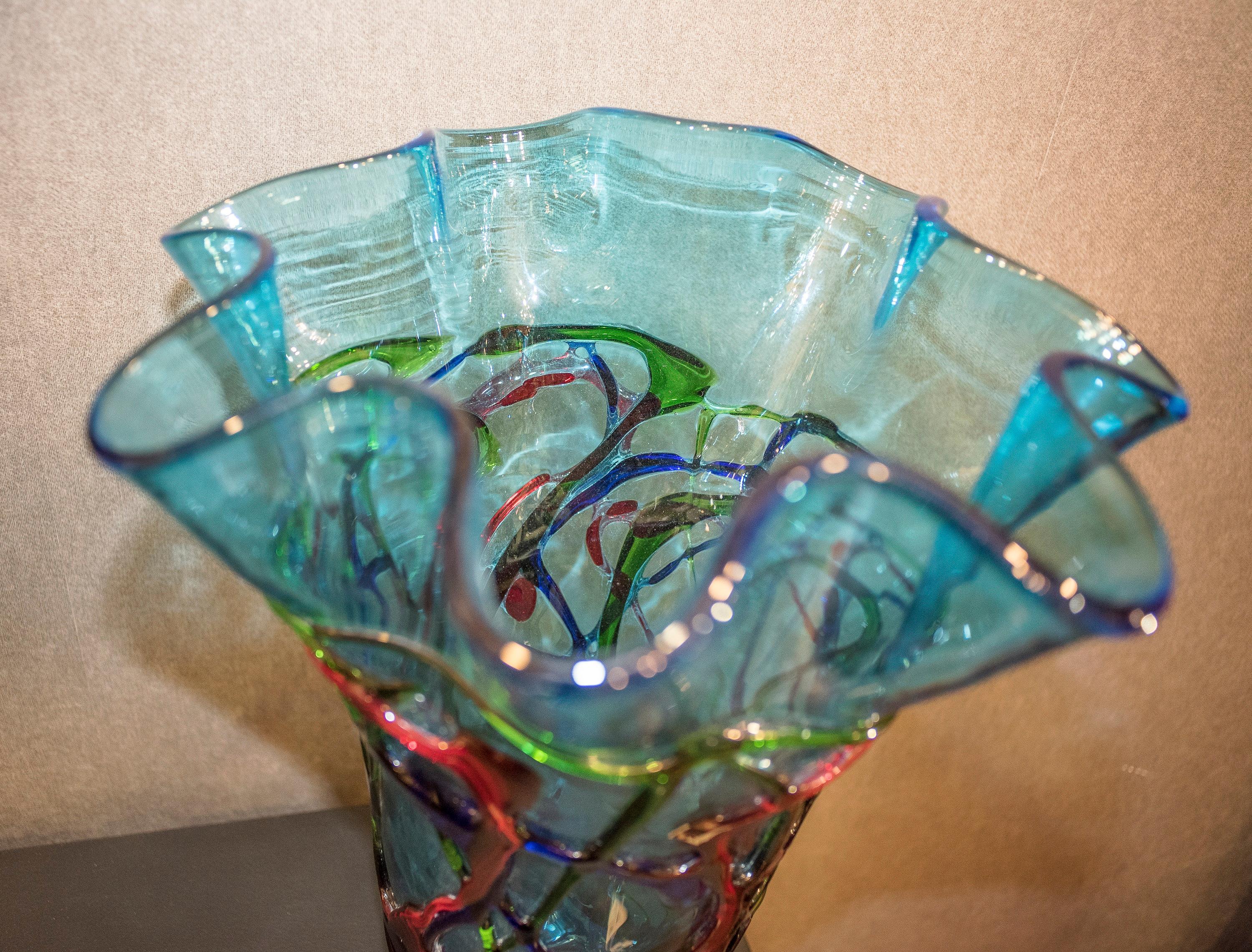 Mid-Century Modern 70s Crystal Vase Red, Blue, Green Blowing Murano, Italy Crystal