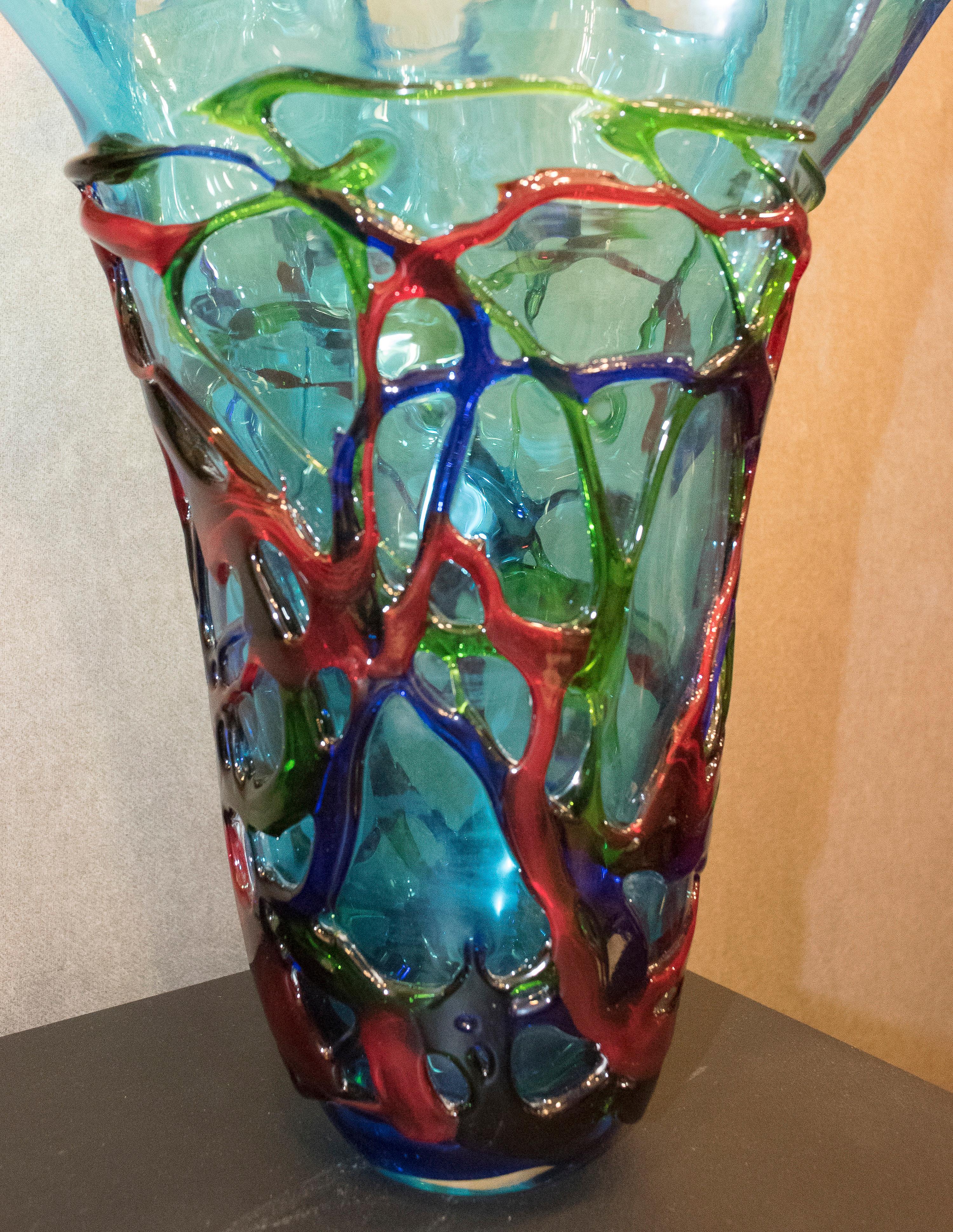 70s Crystal Vase Red, Blue, Green Blowing Murano, Italy Crystal In Excellent Condition In Valladolid, ES