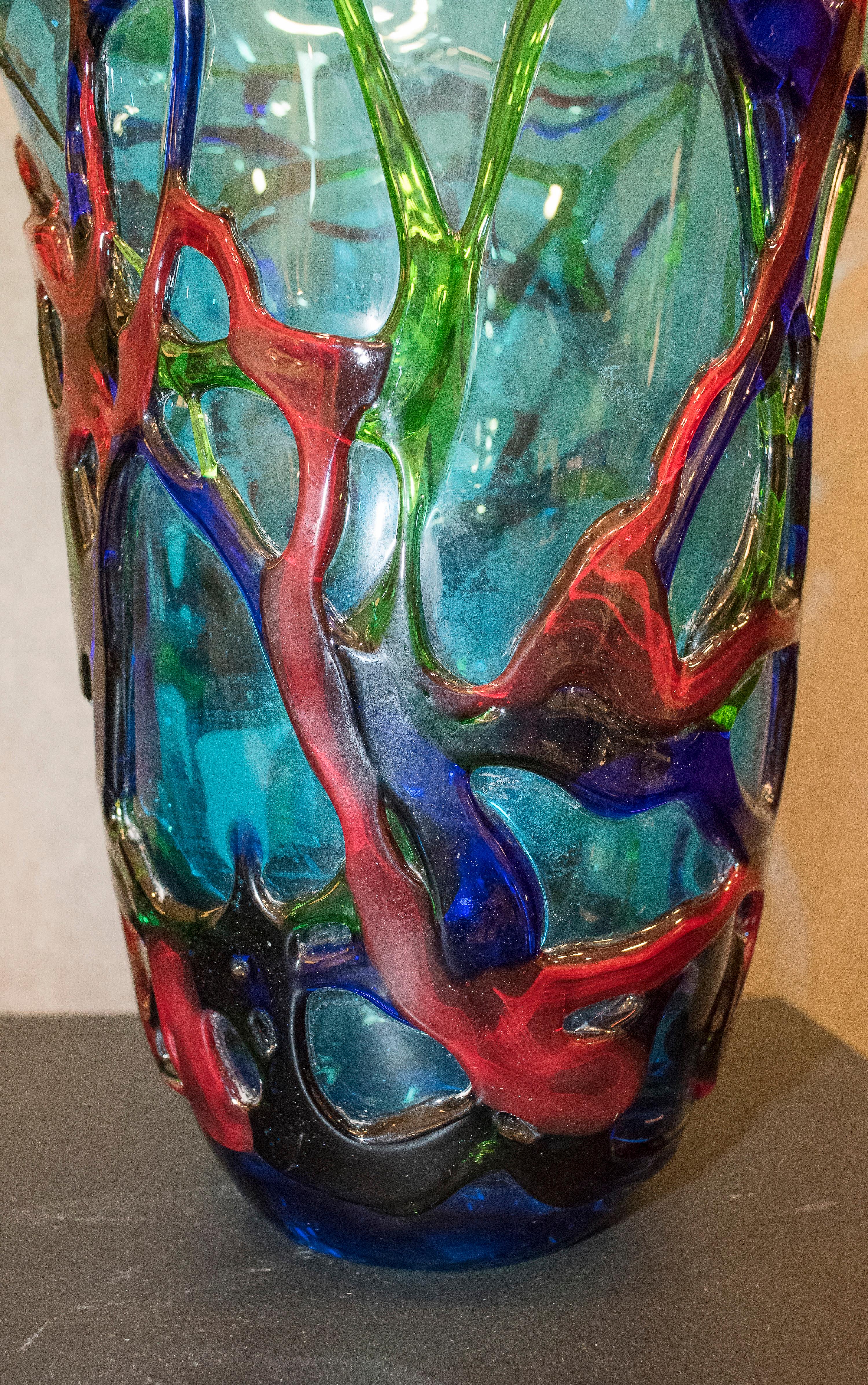 70s Crystal Vase Red, Blue, Green Blowing Murano, Italy Crystal 1