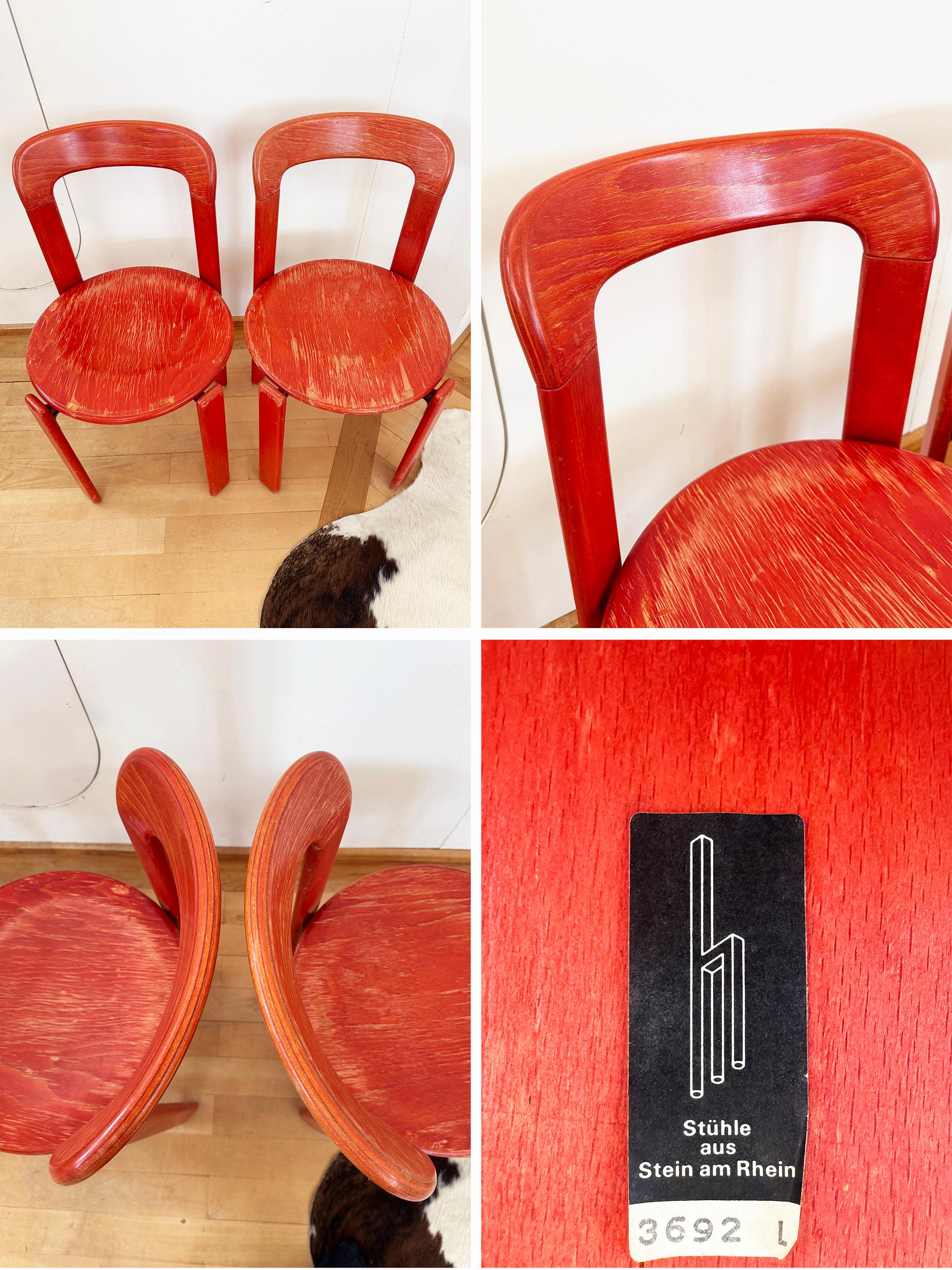70s Red Solid Wooden Seat Dining Chairs by Bruno Rey for Dietiker, Set of 6 im Angebot 3