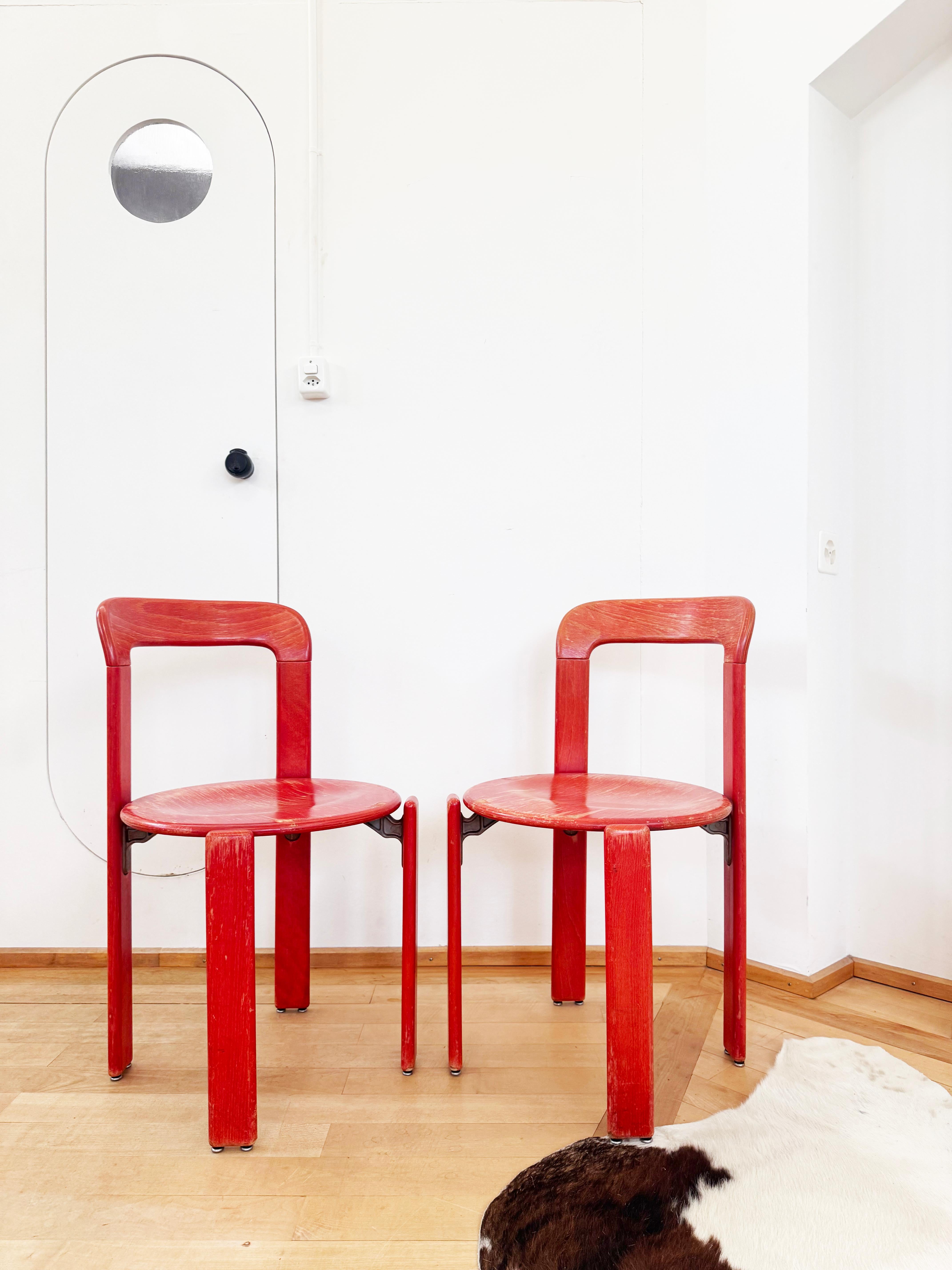 70s Red Solid Wooden Seat Dining Chairs by Bruno Rey for Dietiker, Set of 6 im Angebot 4