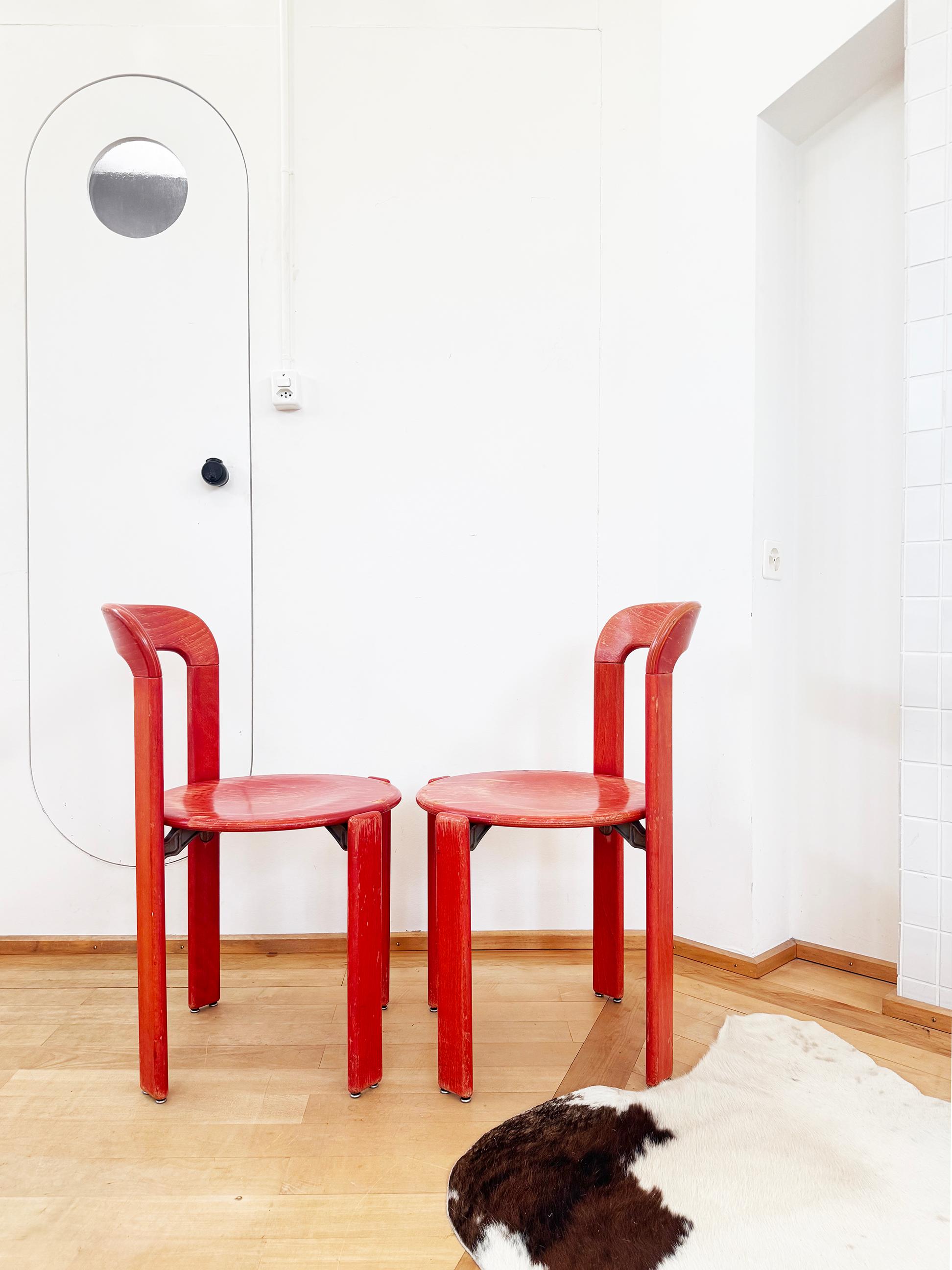 70s Red Solid Wooden Seat Dining Chairs by Bruno Rey for Dietiker, Set of 6 im Angebot 5