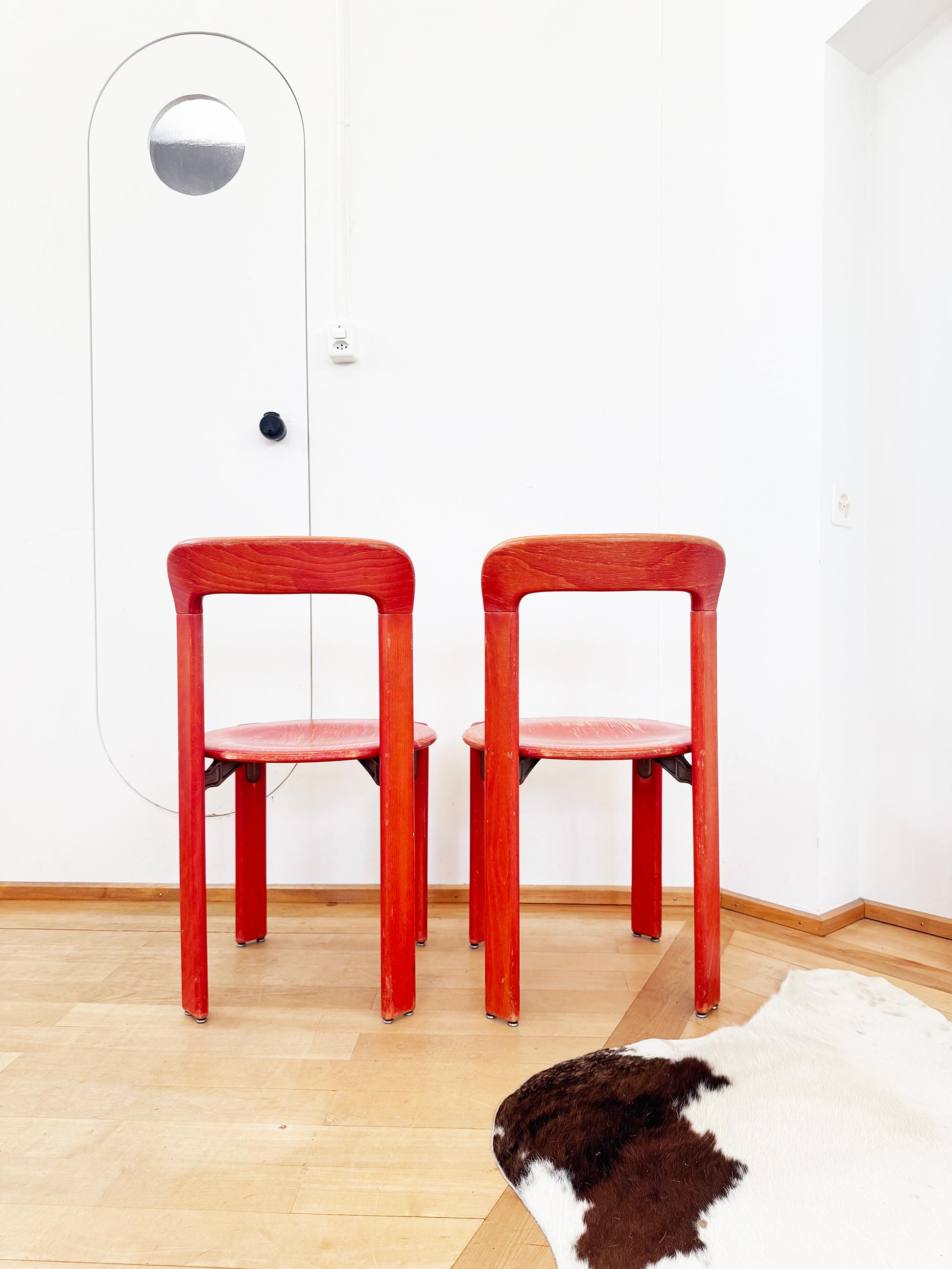 70s Red Solid Wooden Seat Dining Chairs by Bruno Rey for Dietiker, Set of 6 im Angebot 6