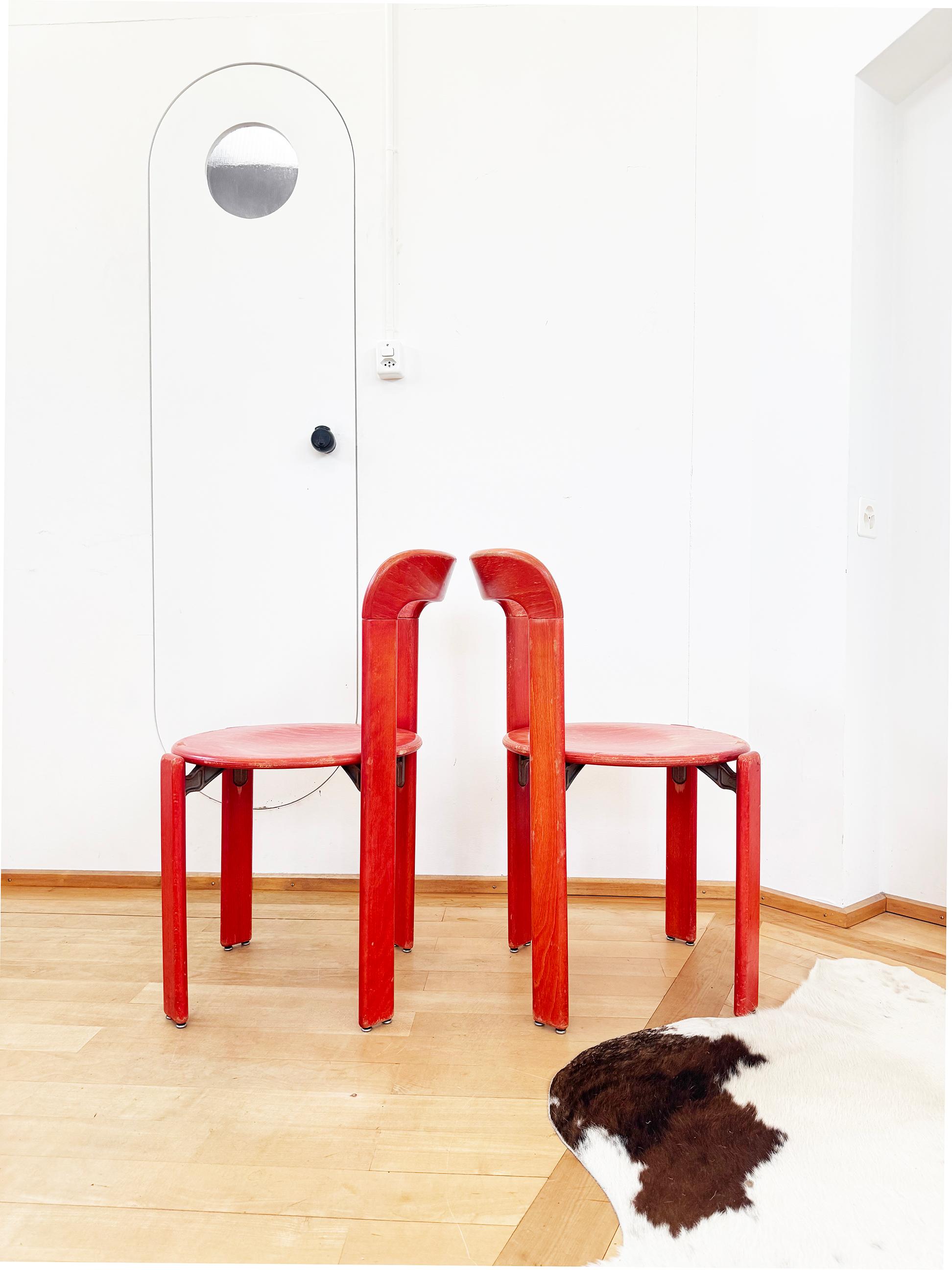 70s Red Solid Wooden Seat Dining Chairs by Bruno Rey for Dietiker, Set of 6 im Angebot 7
