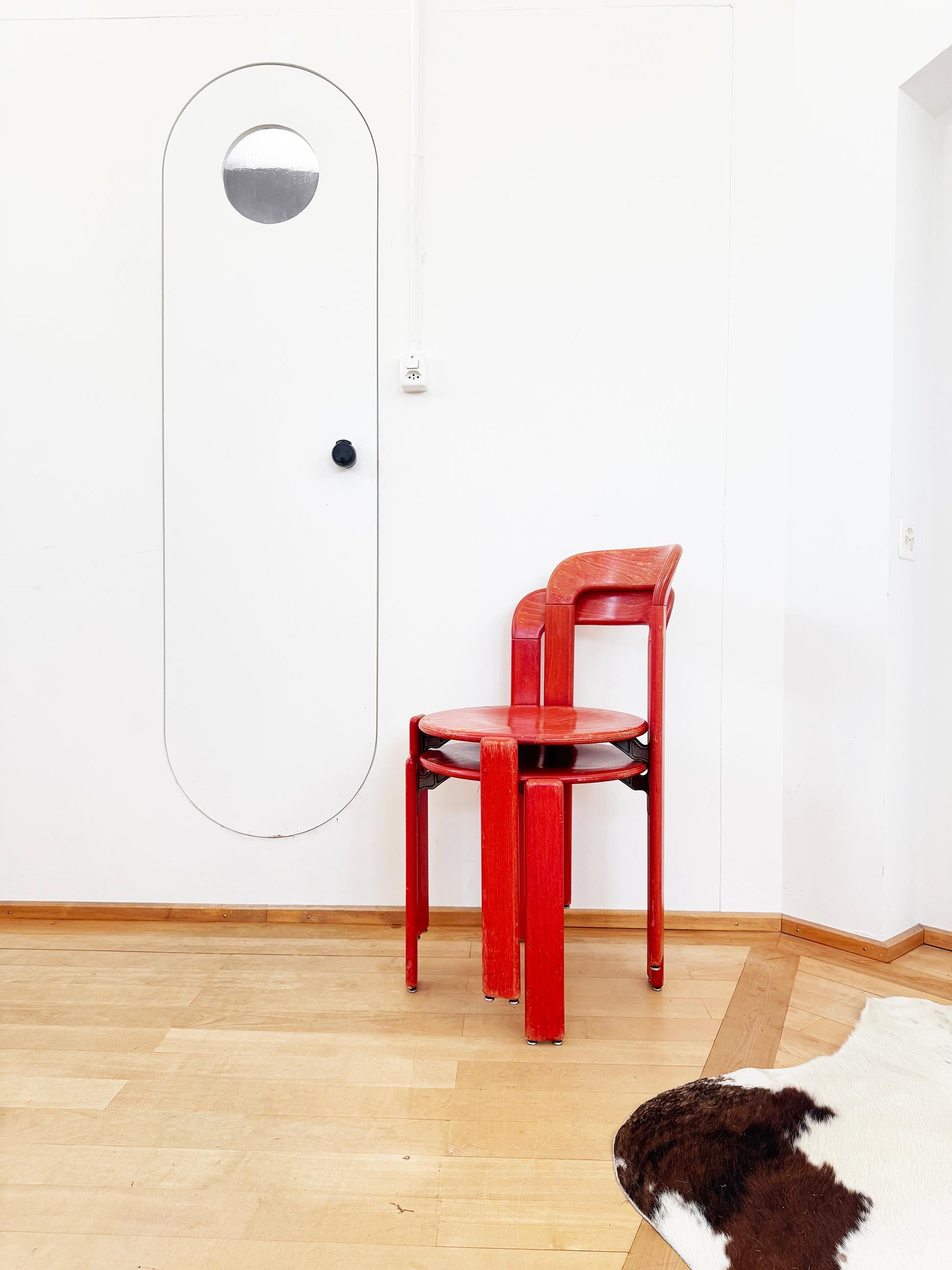 70s Red Solid Wooden Seat Dining Chairs by Bruno Rey for Dietiker, Set of 6 im Angebot 8