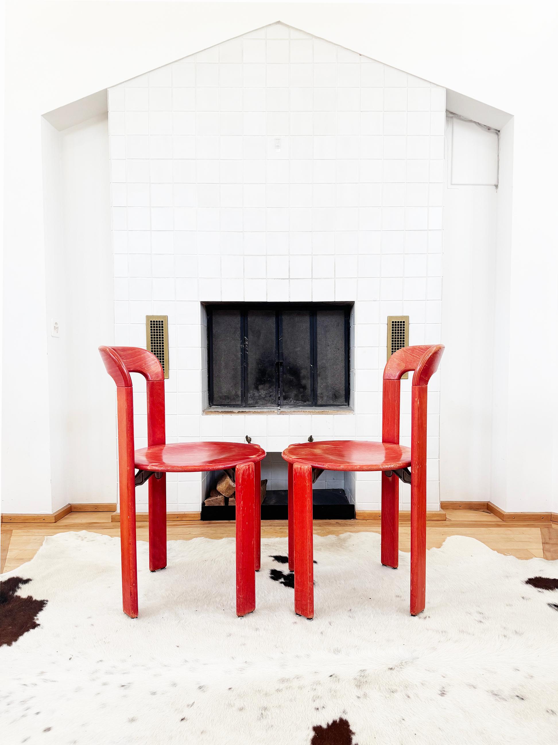 70s Red Solid Wooden Seat Dining Chairs by Bruno Rey for Dietiker, Set of 6 (Moderne der Mitte des Jahrhunderts) im Angebot