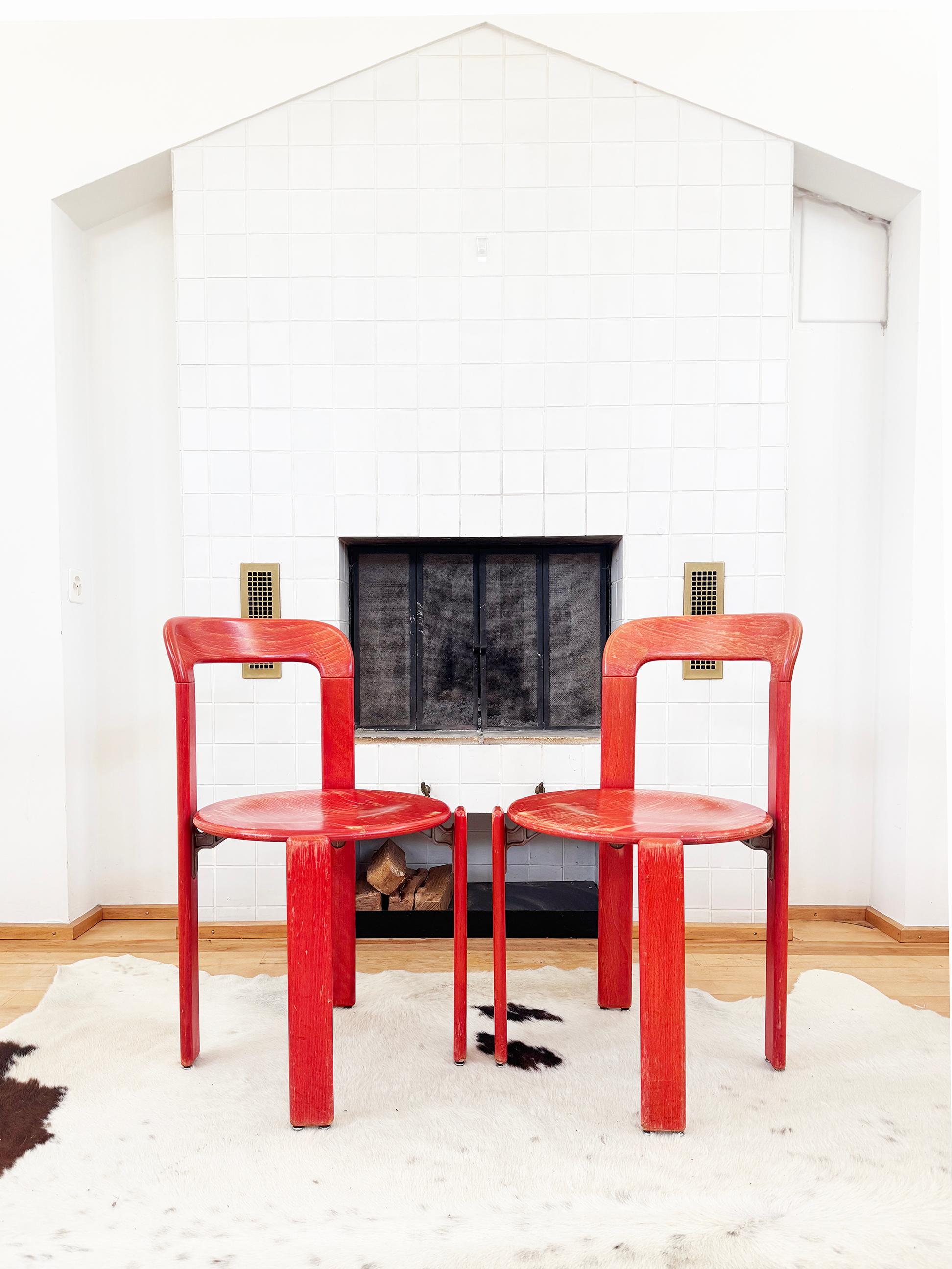 70s Red Solid Wooden Seat Dining Chairs by Bruno Rey for Dietiker, Set of 6 (Schweizerisch) im Angebot