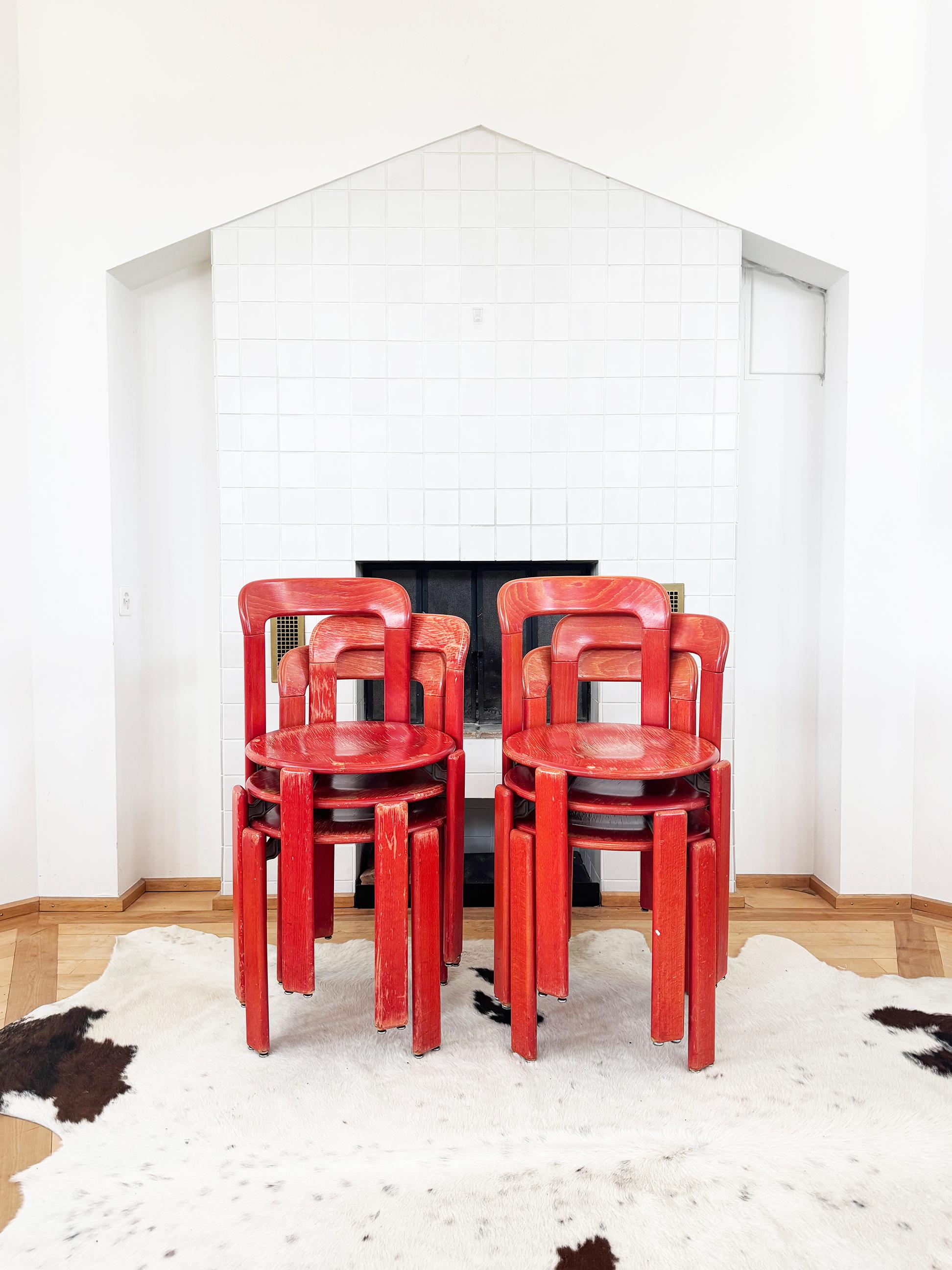 70s Red Solid Wooden Seat Dining Chairs by Bruno Rey for Dietiker, Set of 6 im Zustand „Gut“ im Angebot in Basel, BS