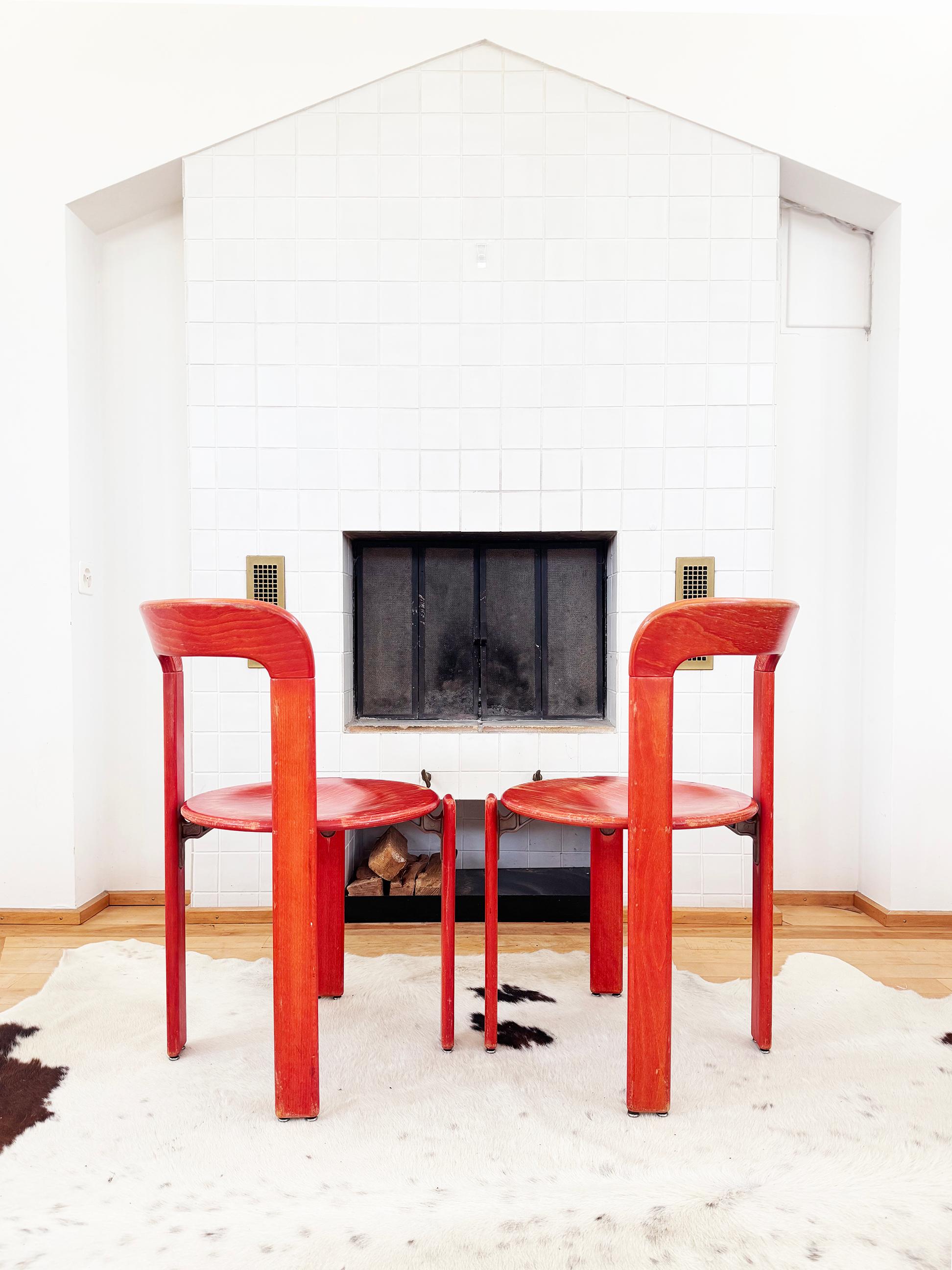 70s Red Solid Wooden Seat Dining Chairs by Bruno Rey for Dietiker, Set of 6 (Ende des 20. Jahrhunderts) im Angebot