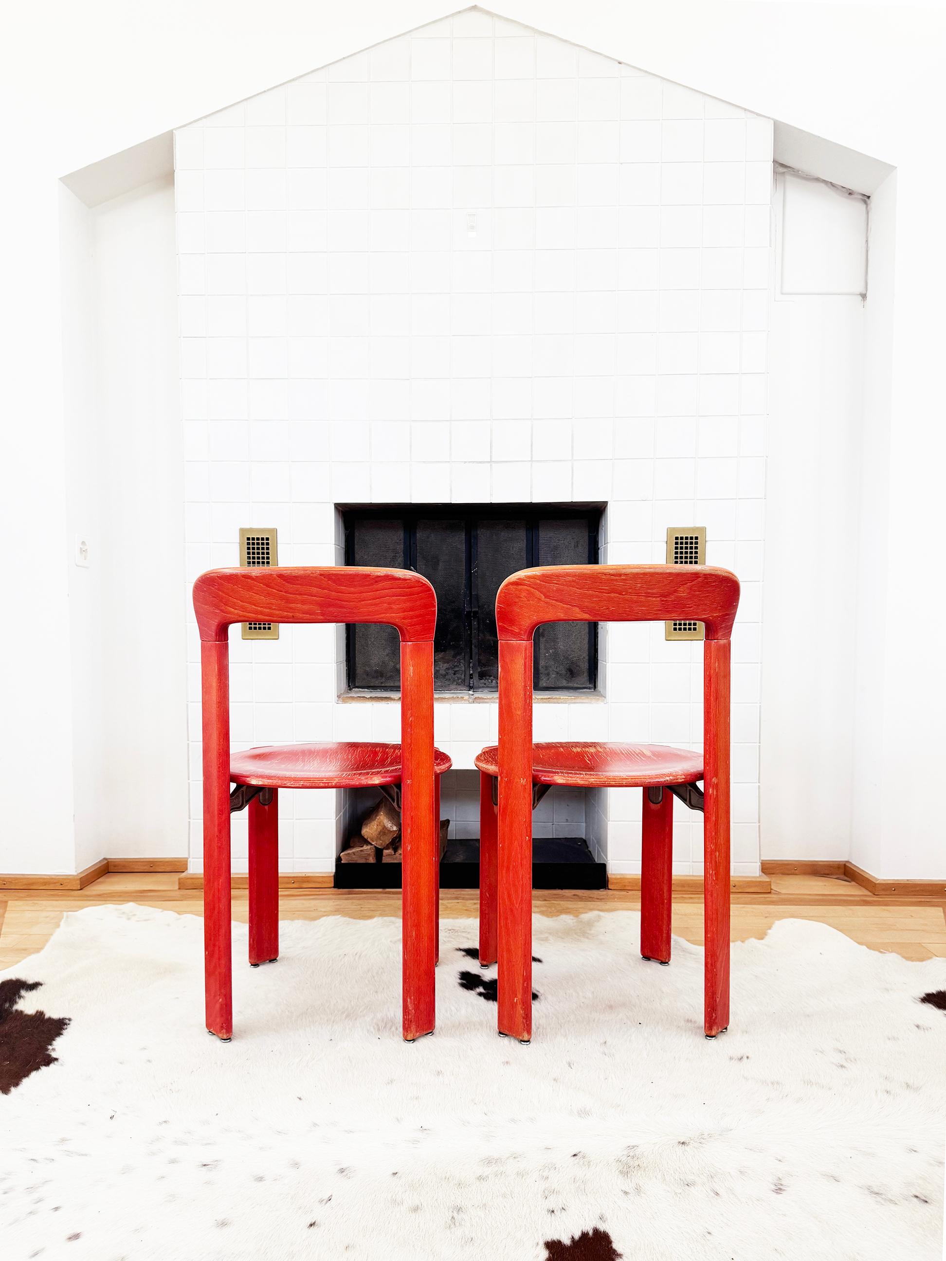 70s Red Solid Wooden Seat Dining Chairs by Bruno Rey for Dietiker, Set of 6 (Polster) im Angebot