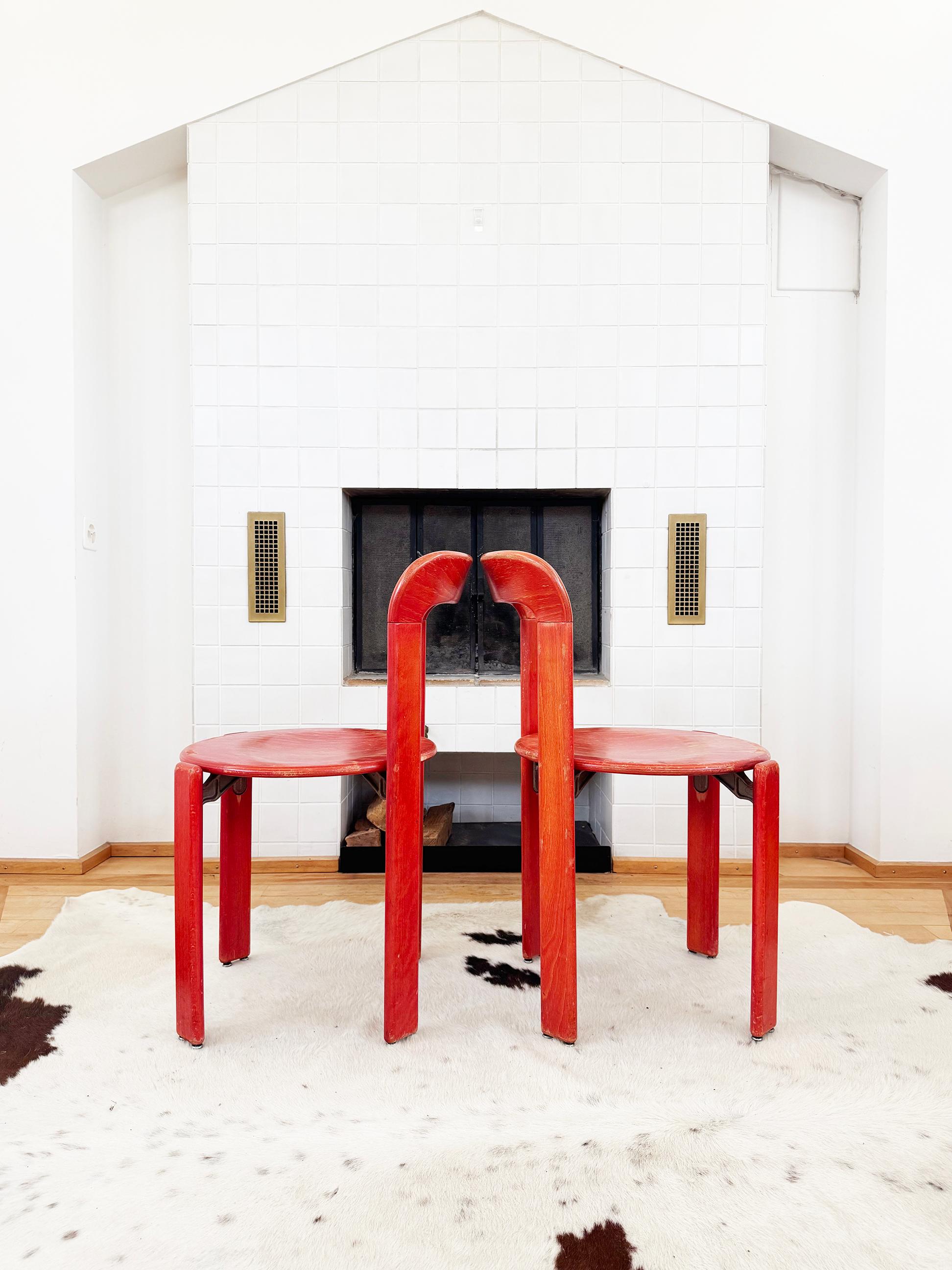 70s Red Solid Wooden Seat Dining Chairs by Bruno Rey for Dietiker, Set of 6 im Angebot 1