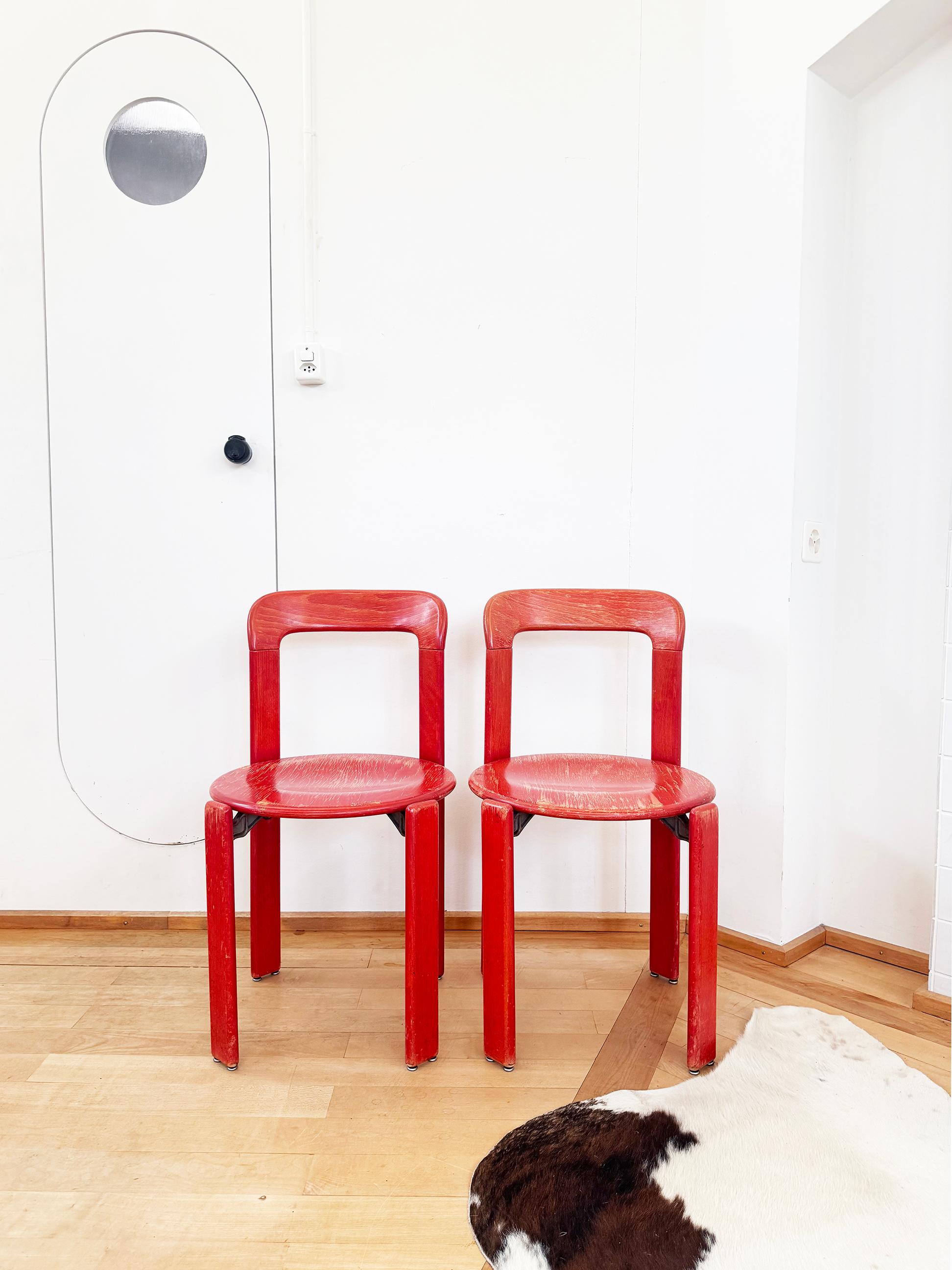 70s Red Solid Wooden Seat Dining Chairs by Bruno Rey for Dietiker, Set of 6 im Angebot 2