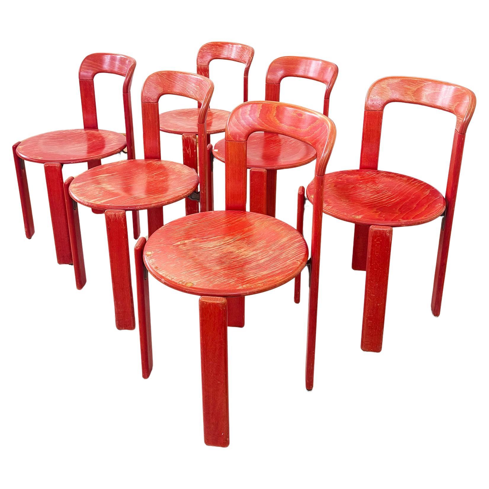 70s Red Solid Wooden Seat Dining Chairs by Bruno Rey for Dietiker, Set of 6 im Angebot