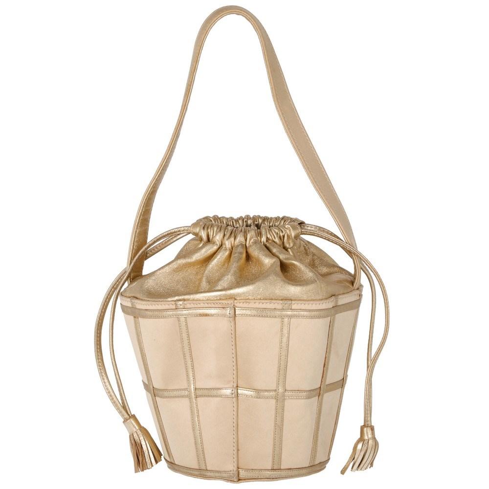 Beige 70s René Caovilla Vintage gold-tone leather bucket bag with silk satin details