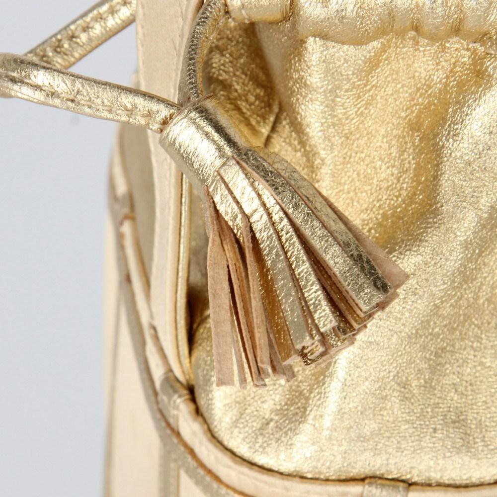 70s René Caovilla Vintage gold-tone leather bucket bag with silk satin details 2