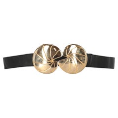 70s Roberta di Camerino Vintage black leather high belt with big golden buckle