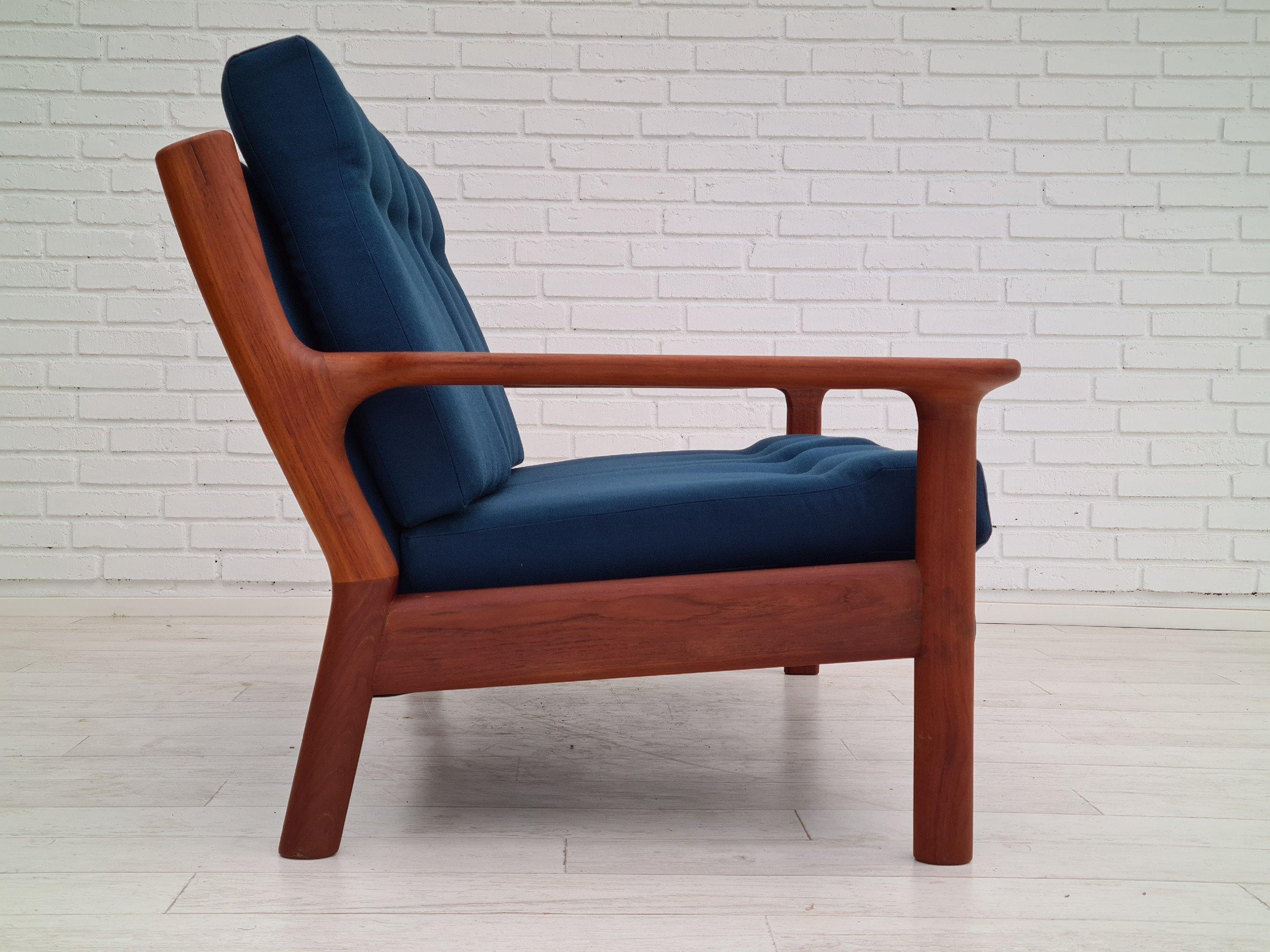 Late 20th Century 70s, scandinavian design, completely reupholstered sofa, furniture wool, teak For Sale