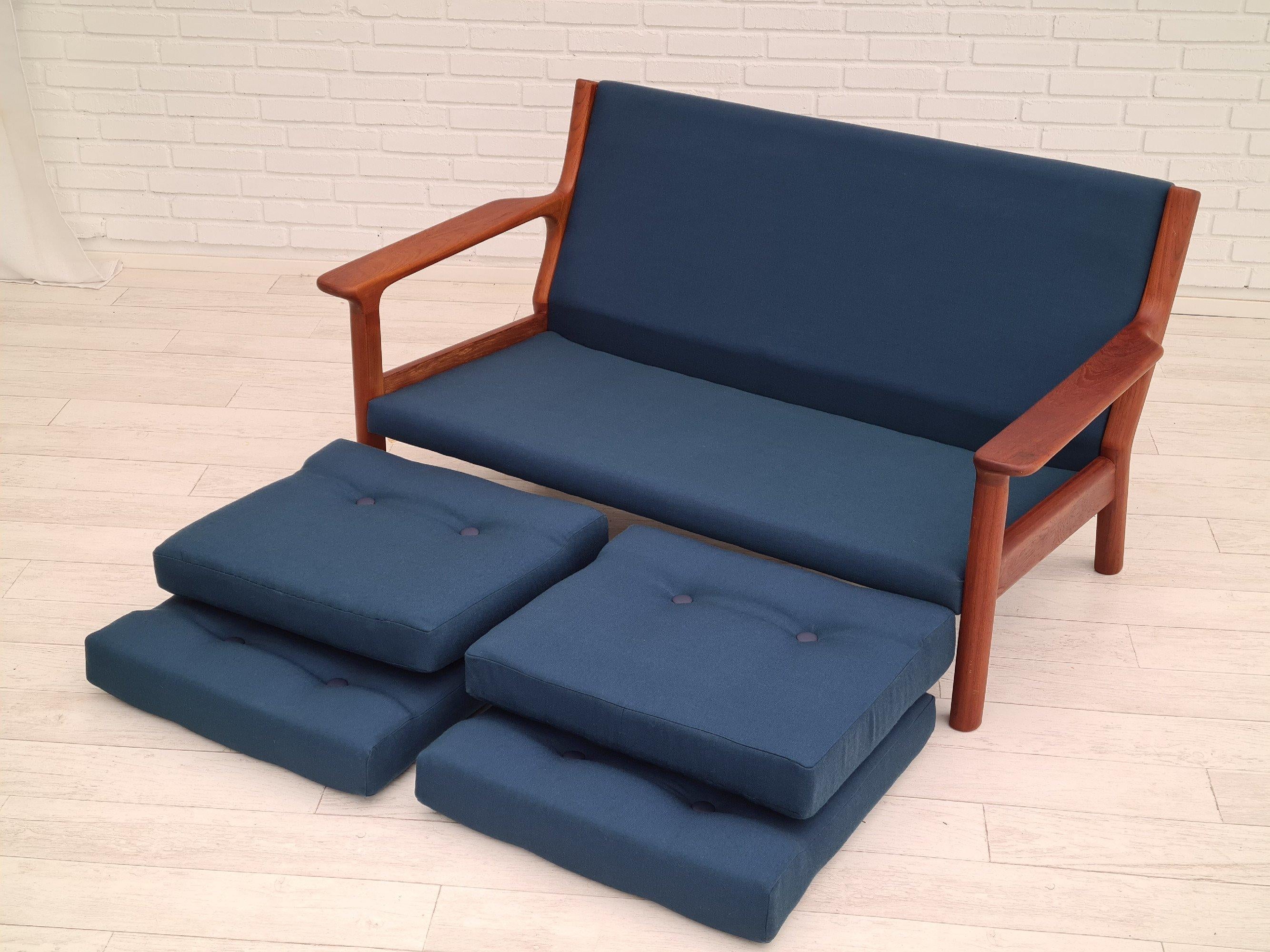 Wool 70s, scandinavian design, completely reupholstered sofa, furniture wool, teak For Sale