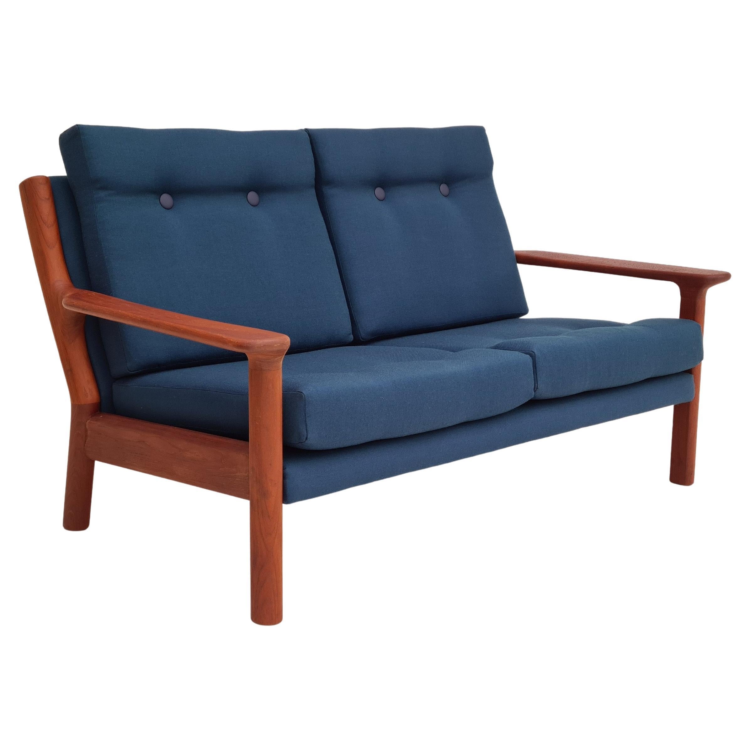 70s, scandinavian design, completely reupholstered sofa, furniture wool, teak For Sale