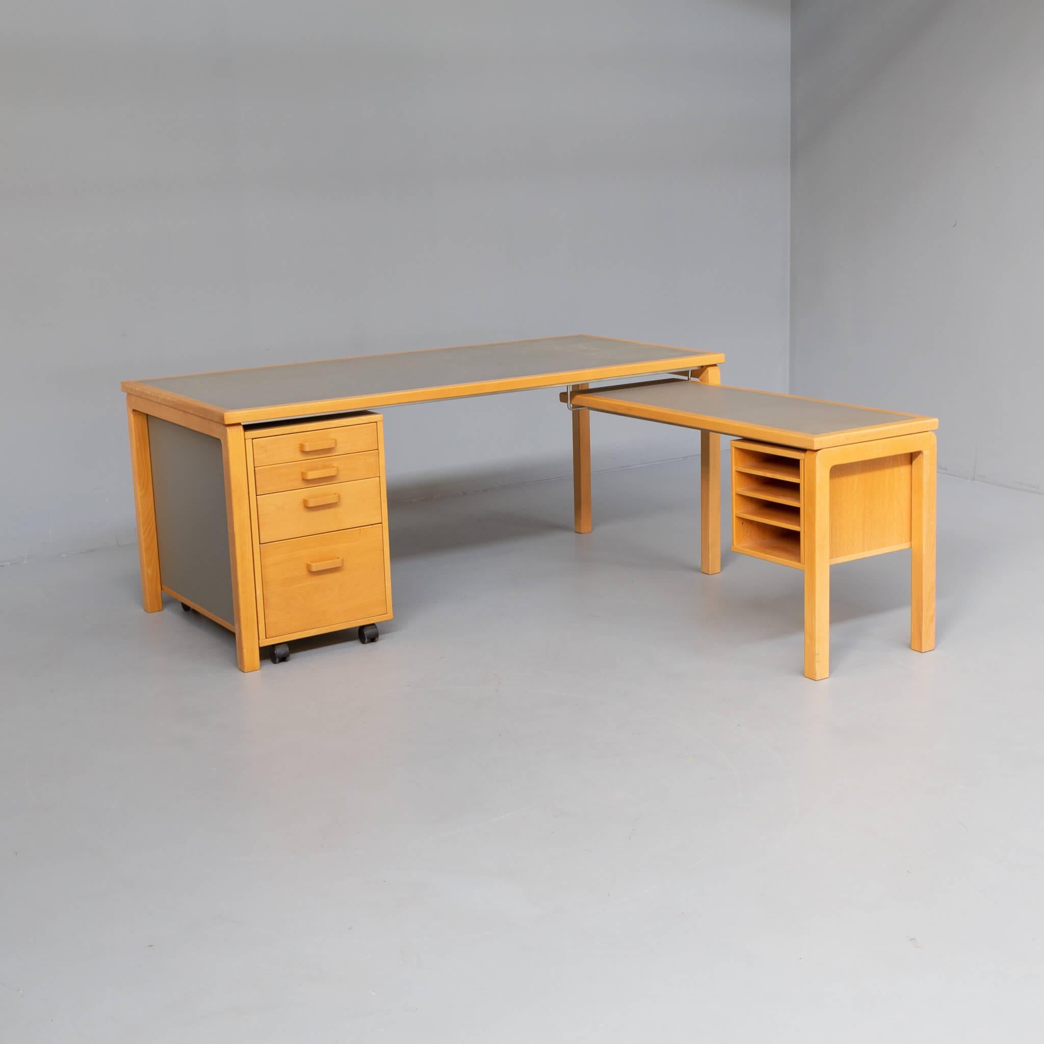 n the 1960s Thygesen and Sorensen made a trend for Magnus Olesen to design slim lined writing desks in beech wood combined with softtop tabletops. We think the designer of this unique desk in the 1980s, most likely German or scandinavian, is
