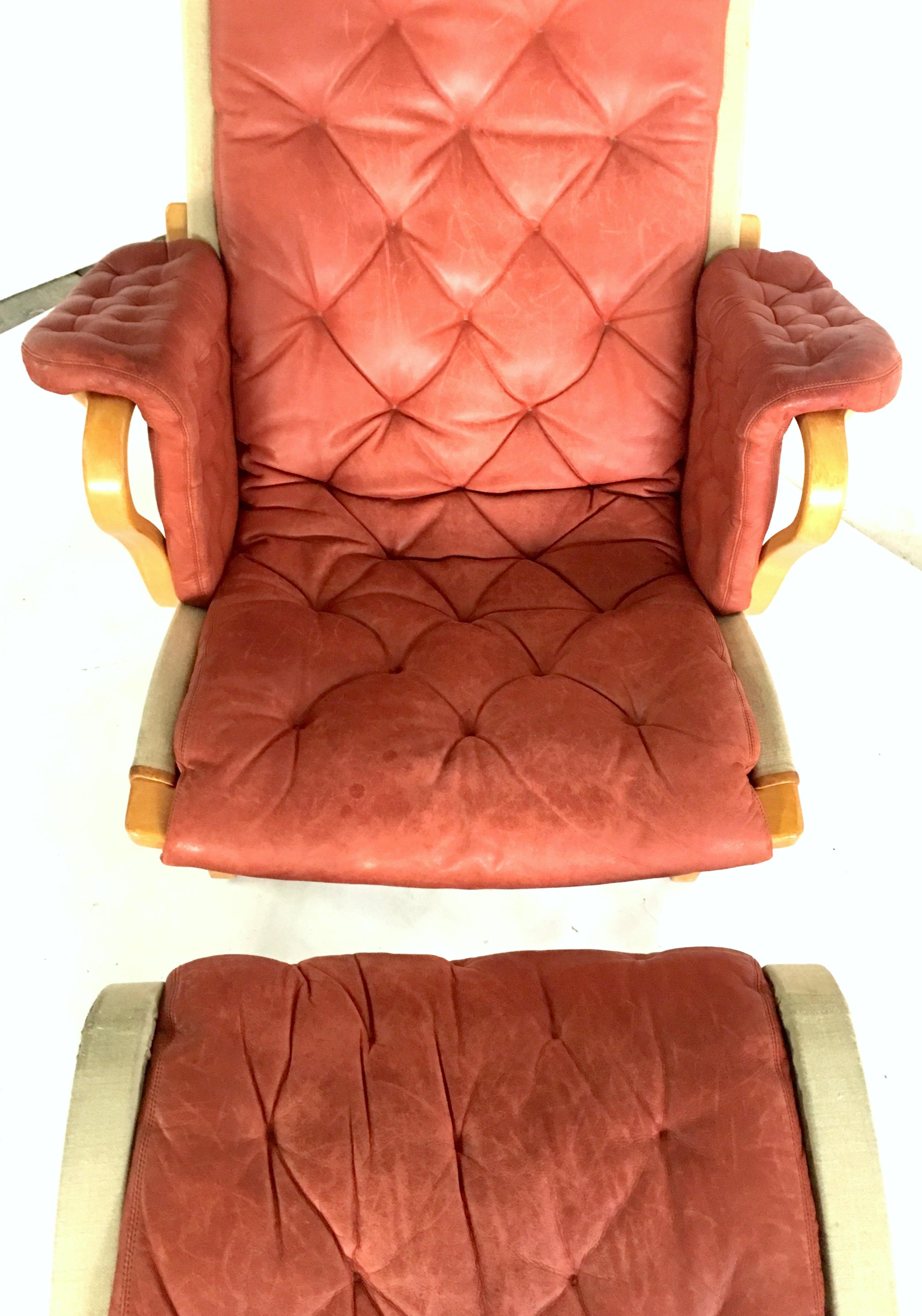 20th Century 70'S Scandinavian Modern Leather, Bentwood Lounge Chair & Ottoman By Mathsson For Sale