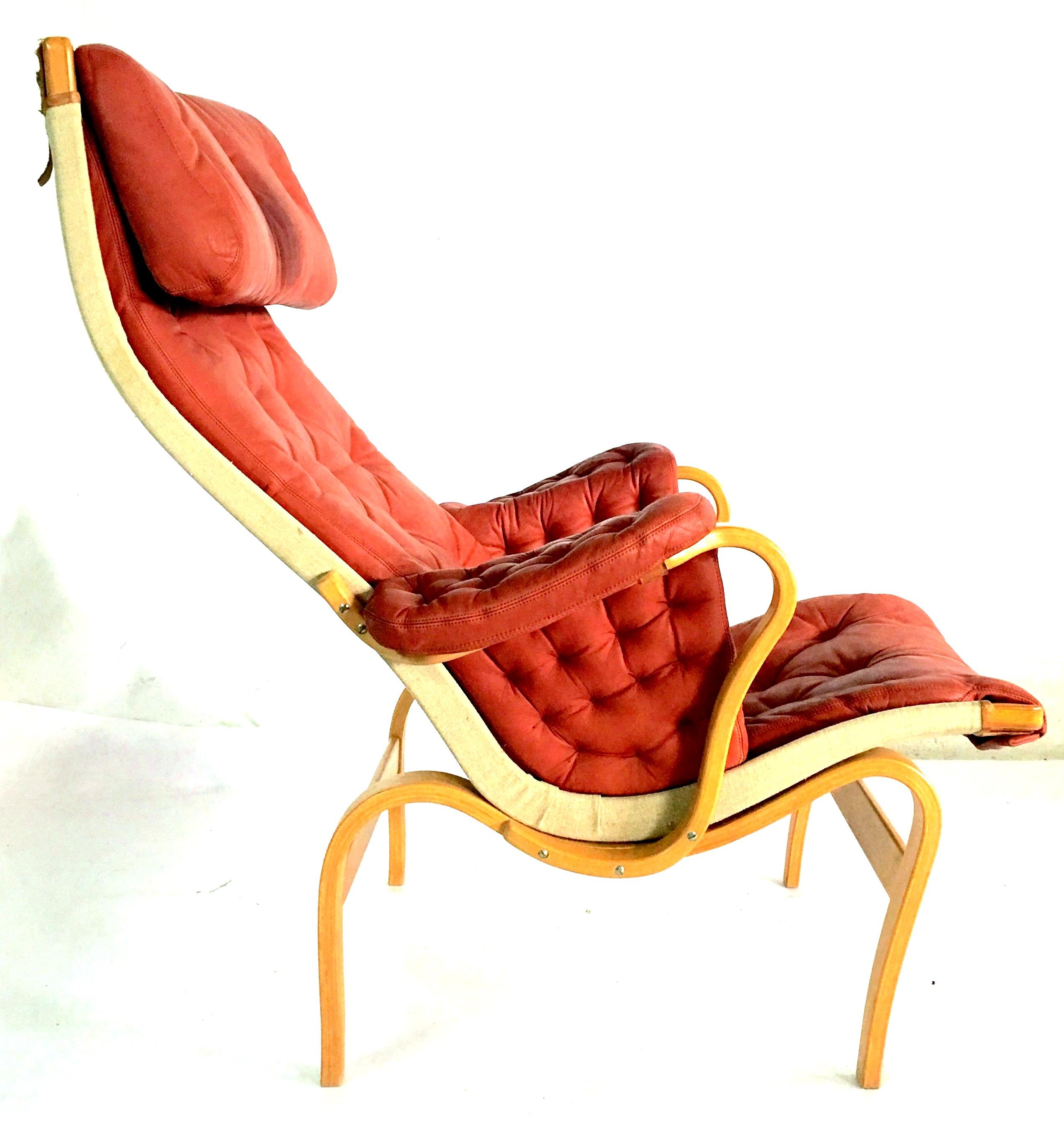 Swedish 70'S Scandinavian Modern Leather, Bentwood Lounge Chair & Ottoman By Mathsson For Sale