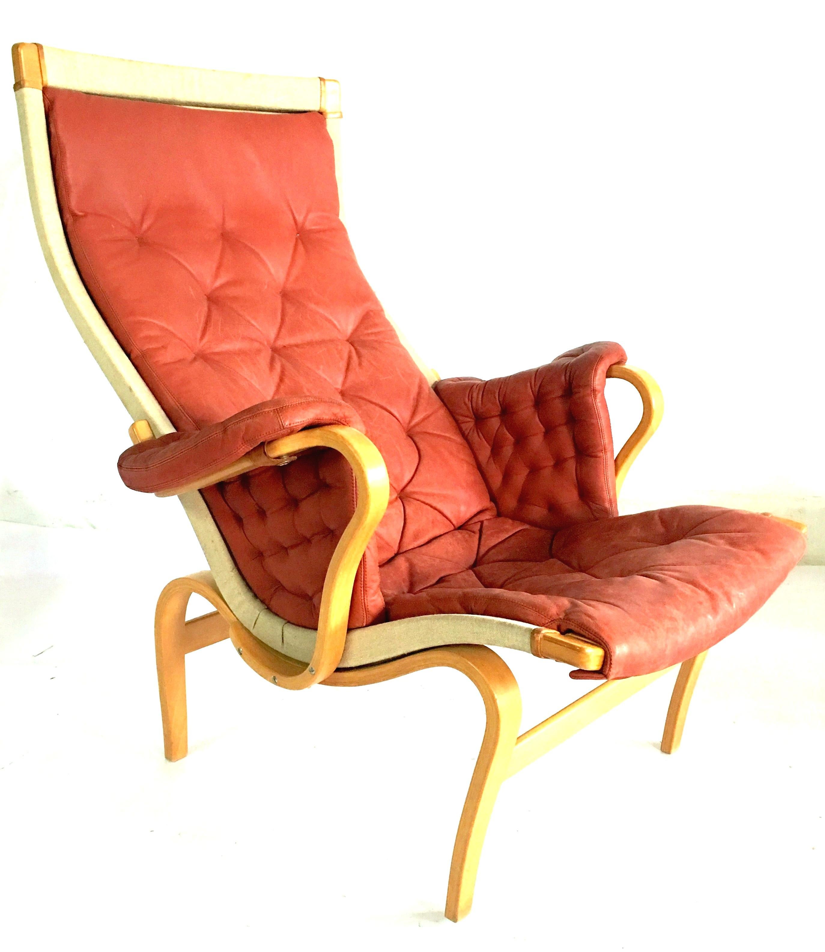 1970s Scandinavian Modern Leather, Bentwood Lounge Chair and Ottoman by Mathsson 1