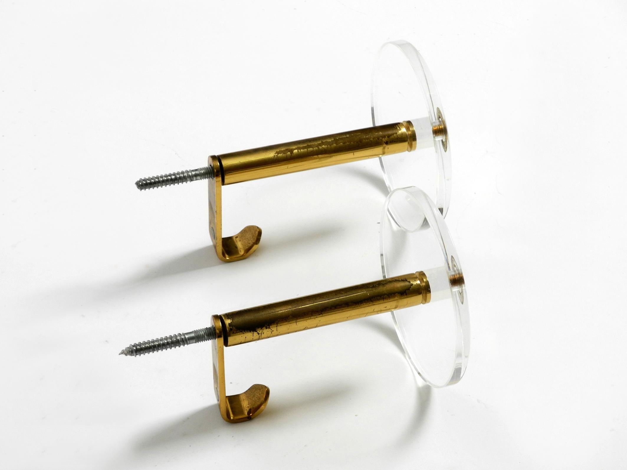 70s set of 2 brass and plexiglass coat rack wall hooks by Vereinigte Werkstätten 6