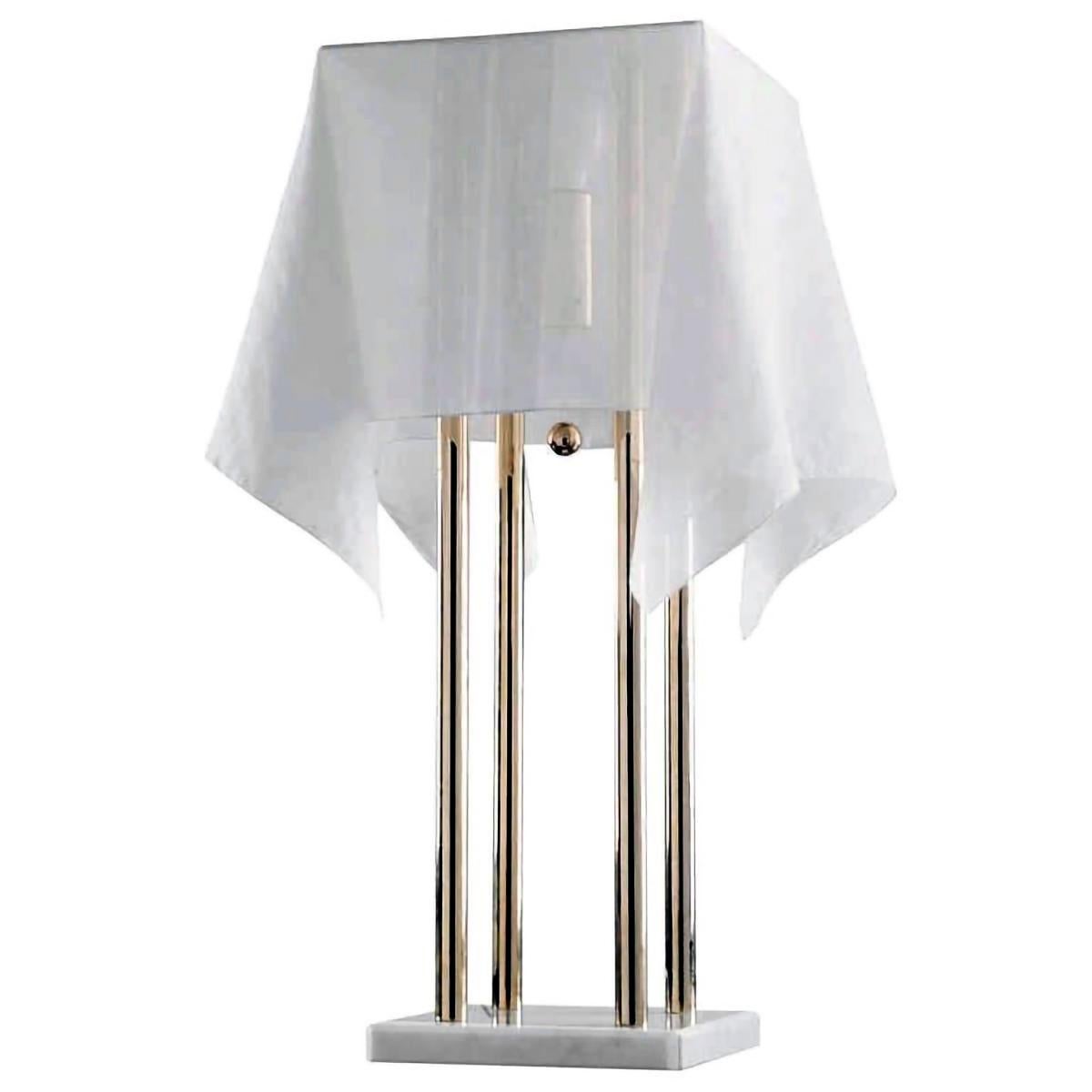 Sirrah Italy table lamp Nefer by Kazuide Takahama in years '70 used in good condition.

 Material are marble base, brass, metal lacquered white and textile.

 Measure 27 inches x 10 inches.