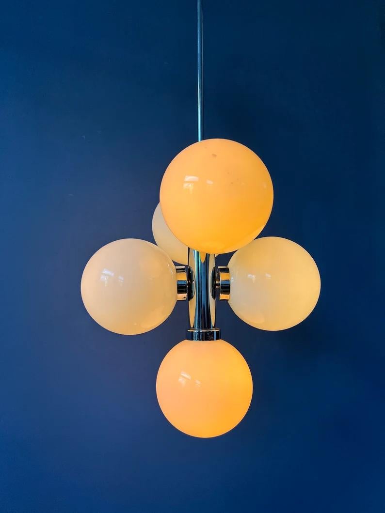 20th Century 70s Sputnik Chandelier Chrome Space Age Pendant Lamp Opaline Glass Light Fixture For Sale