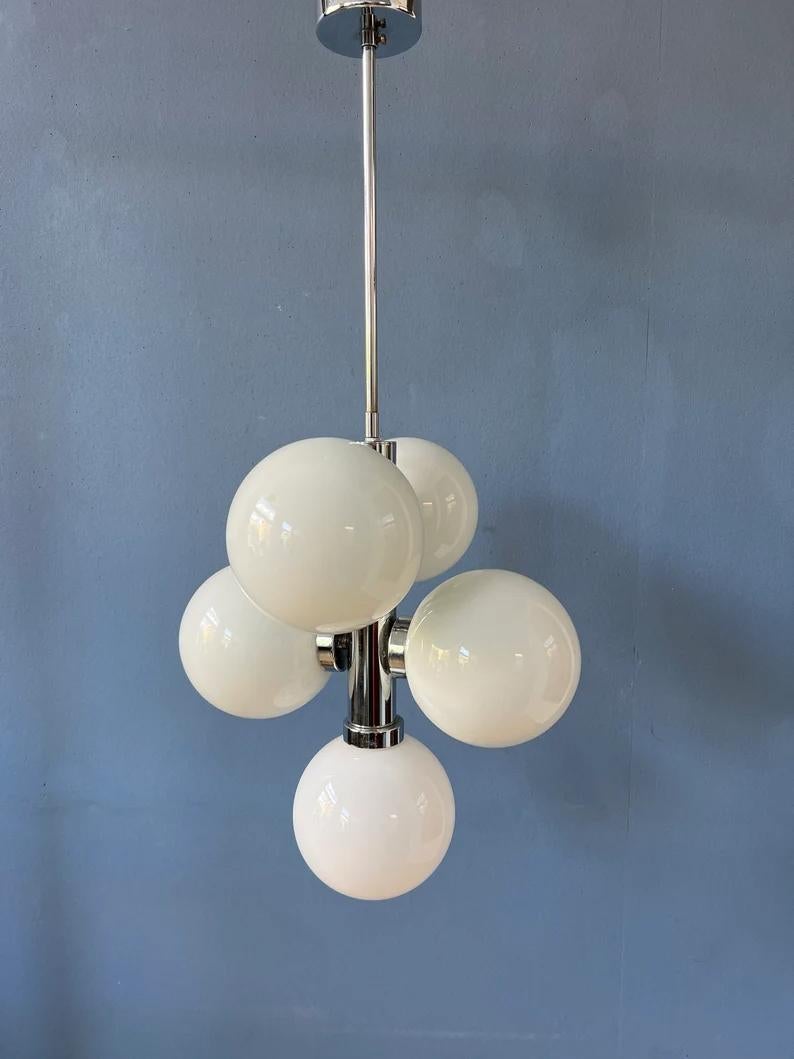 70s Sputnik Chandelier Chrome Space Age Pendant Lamp Opaline Glass Light Fixture For Sale 3