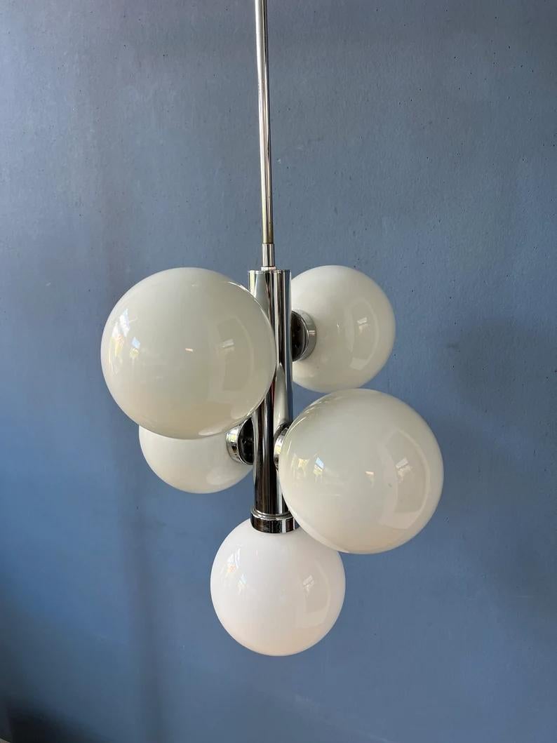 70s Sputnik Chandelier Chrome Space Age Pendant Lamp Opaline Glass Light Fixture For Sale 5