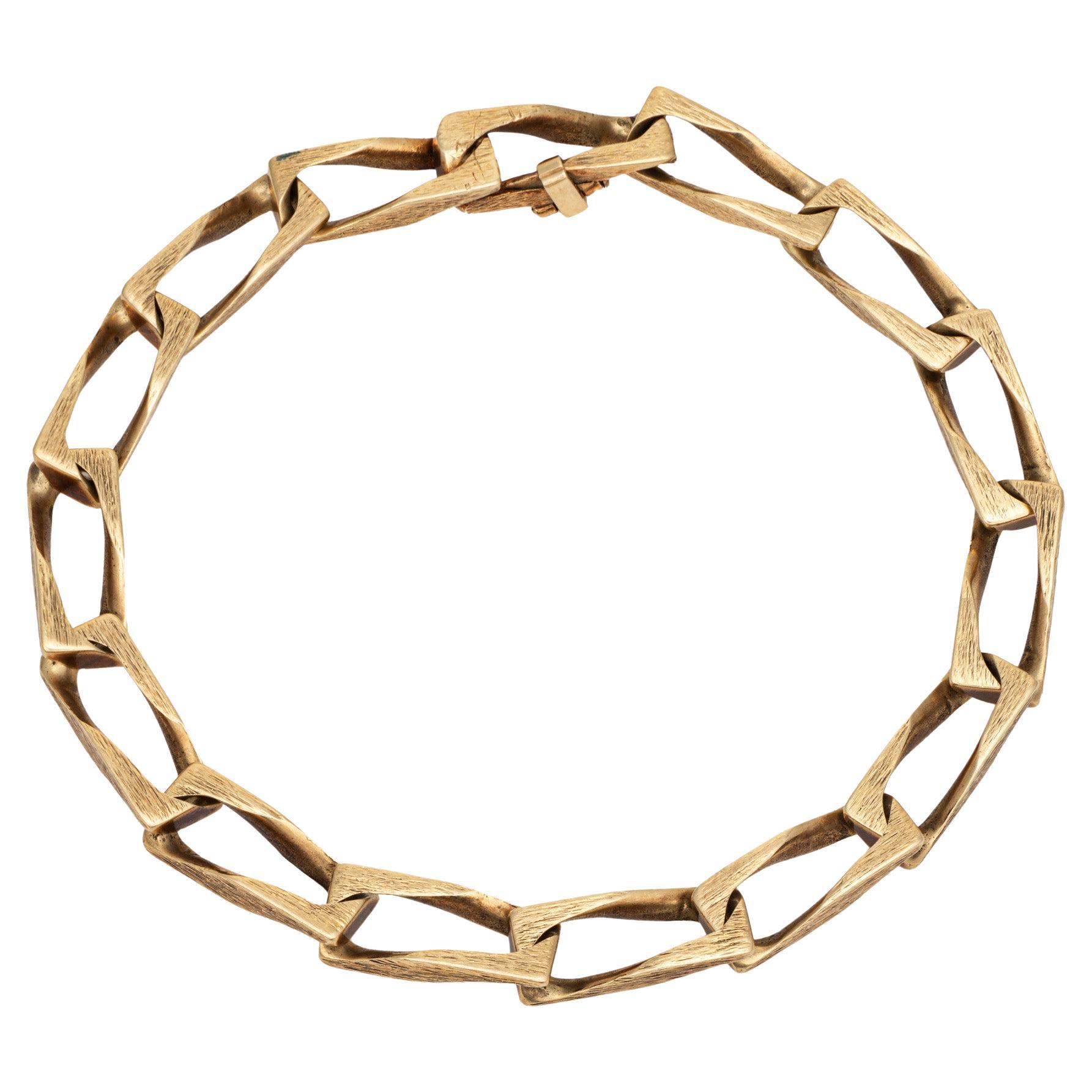70s Square Curb Link Bracelet 8.5" 14k Yellow Gold Textured Estate Fine Jewelry For Sale