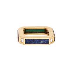 70s Square Ring Sz 6 Lapis Tigers Eye Malachite 18k Gold Diamond Band Jewelry