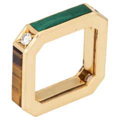 Quadratischer Ring Gr. 6, 70er Jahre, Lapis Tigerauge Malachit 18k Gold Diamantbandschmuck