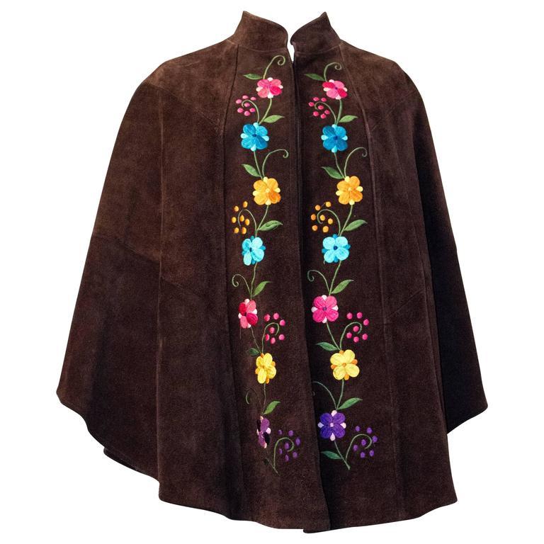 70s Suede Cape with Embroidered Flowers  In Good Condition For Sale In San Francisco, CA
