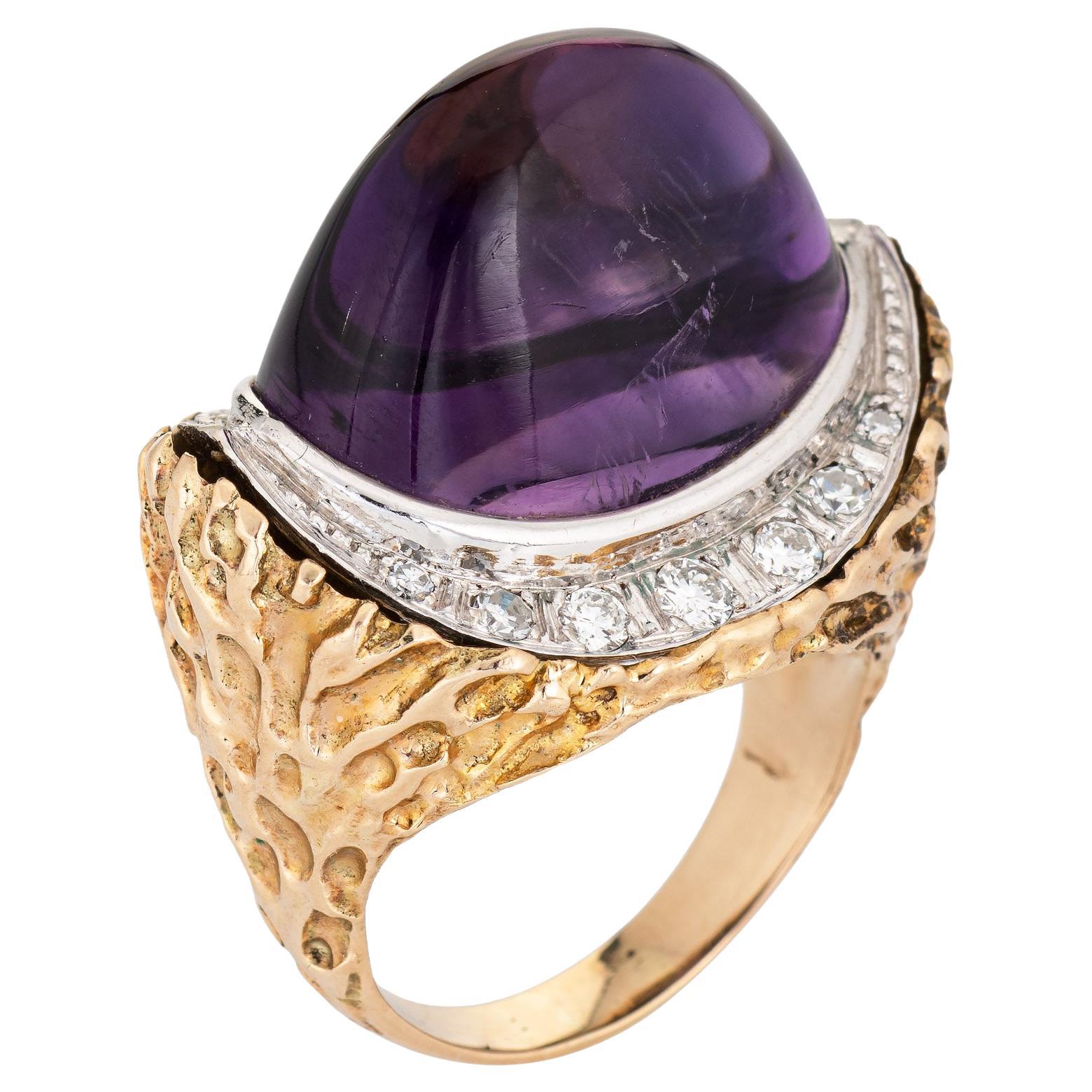 70s Sugarloaf Amethyst Diamond Ring Vintage 14k Gold East West Cocktail Jewelry