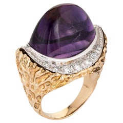 70s Sugarloaf Amethyst Diamond Ring Vintage 14k Gold East West Cocktail Jewelry 